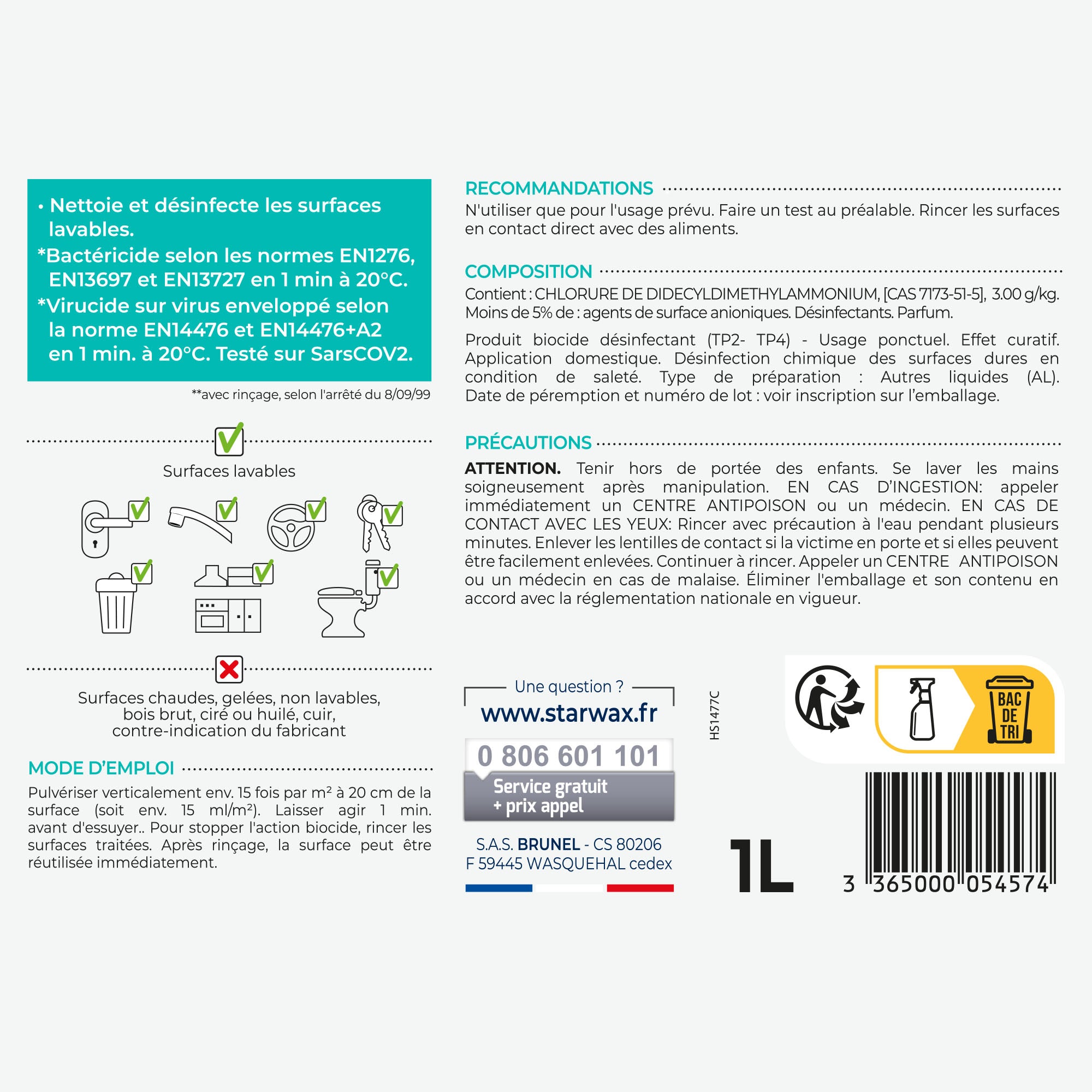 STARWAX - Désinfectant nettoyant multi-surfaces
1L