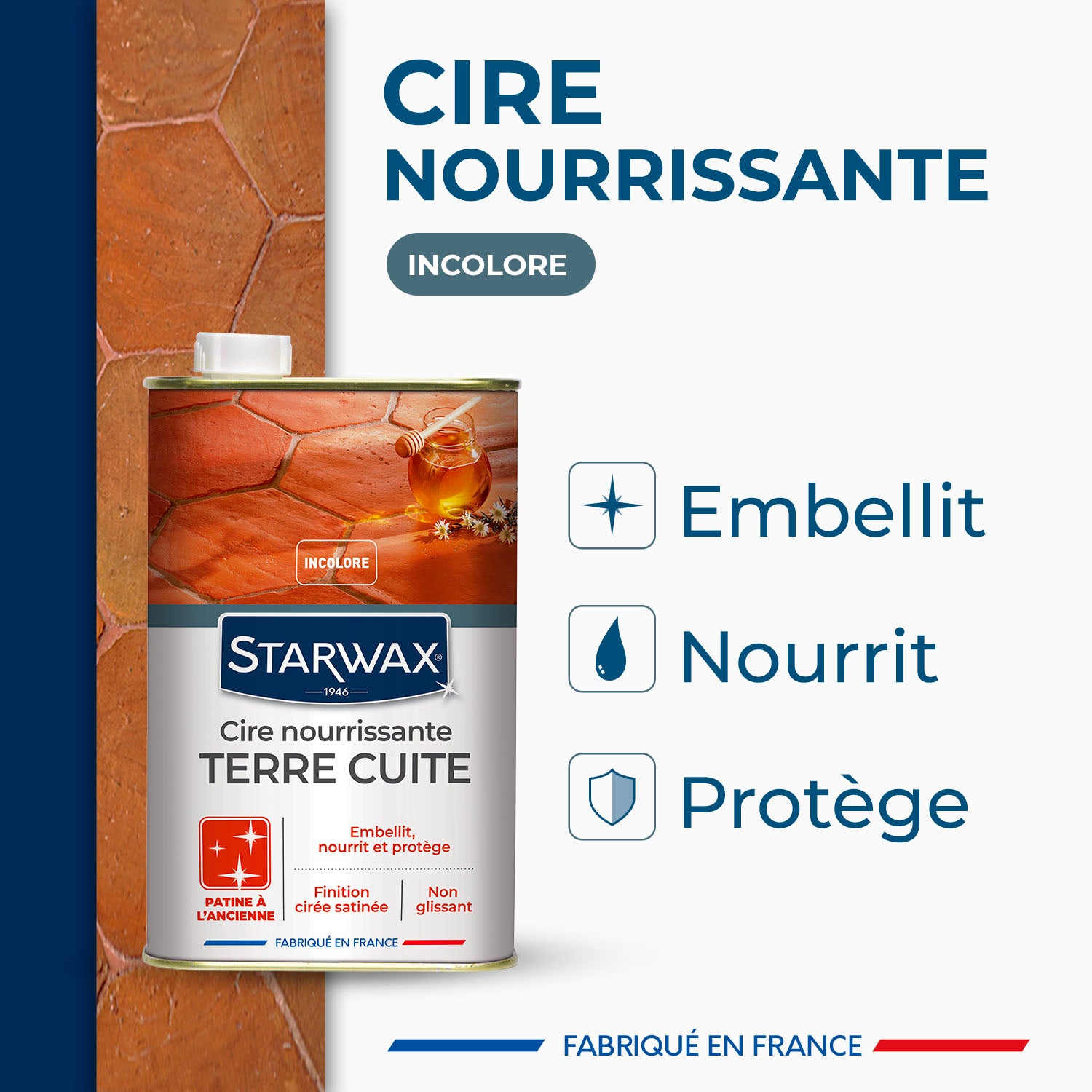 STARWAX - Cire nourrissante (patine à l'ancienne) pour tomettes et terres cuites
1L Incolore