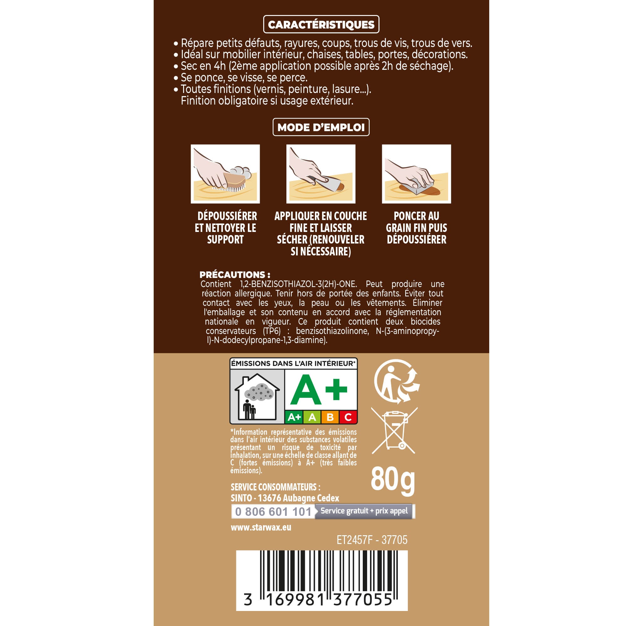 SINTO - Rebouche imperfections - Pâte à bois naturel 80g Blanc