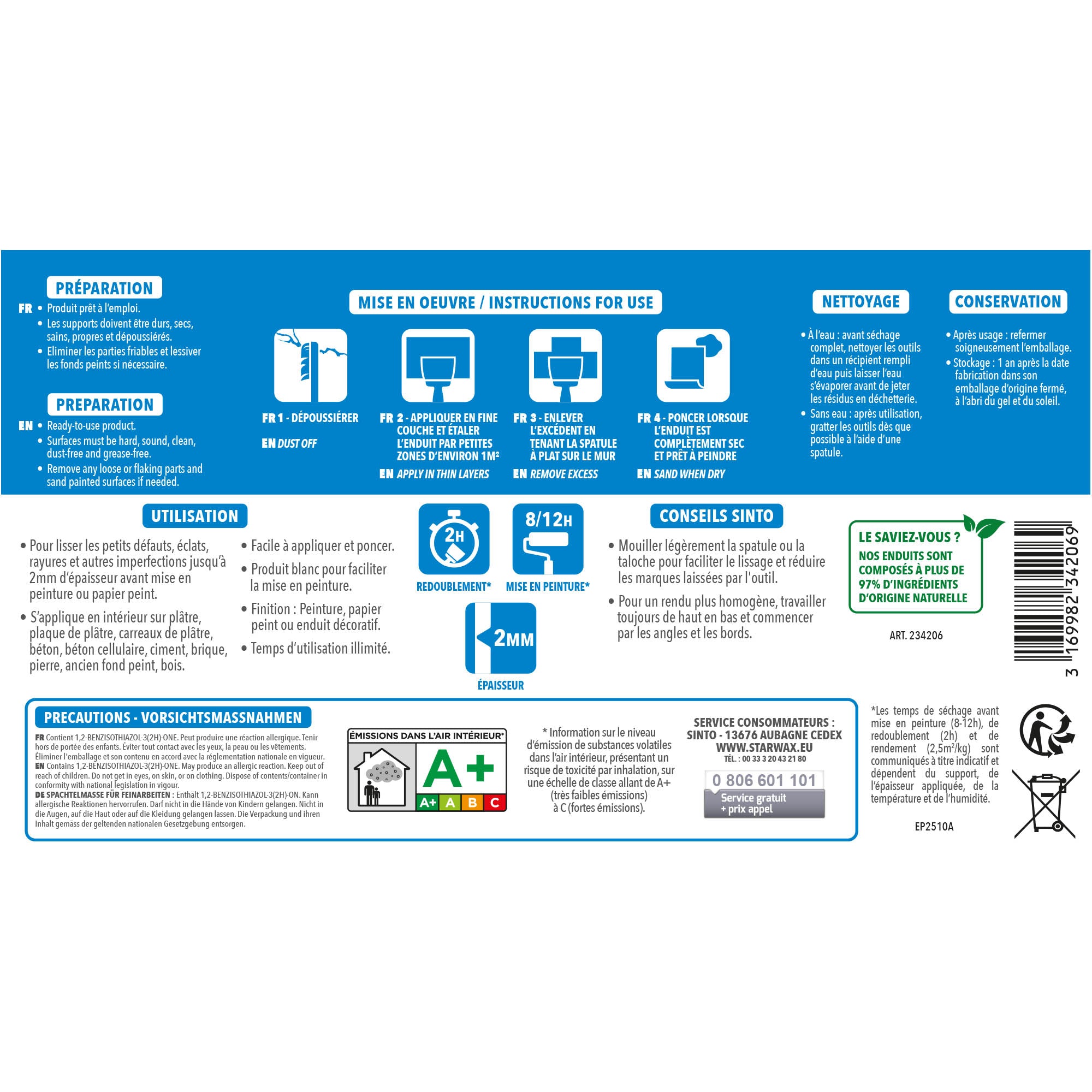 SINTO - Enduit lissage pâte 1,5kg Blanc