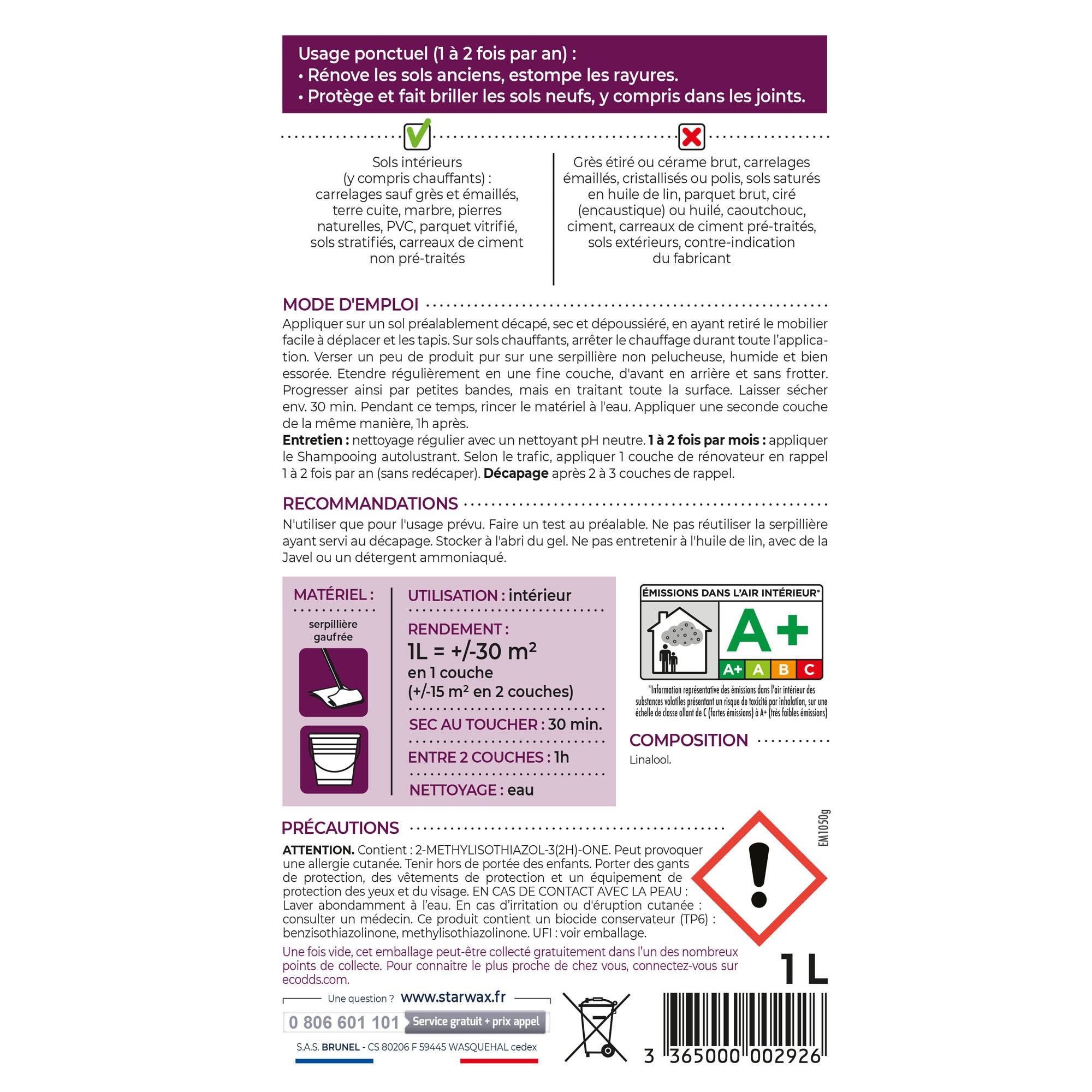 STARWAX - Rénovateur Brillant Star pour sols intérieurs 1L