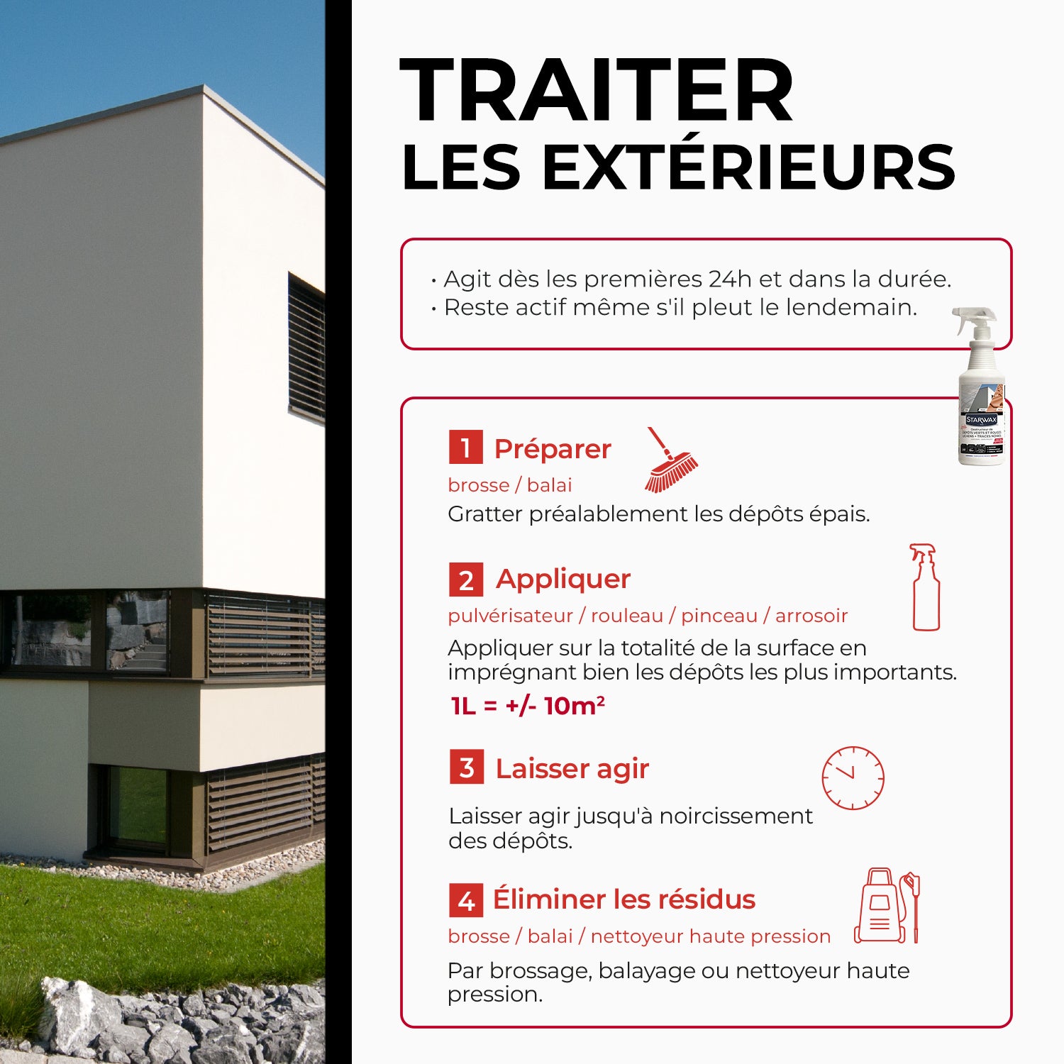 STARWAX - Destructeur de dépôts verts, rouges, lichens et traces noires prêt à l'emploi pour toitures, murs et sols extérieurs 1L