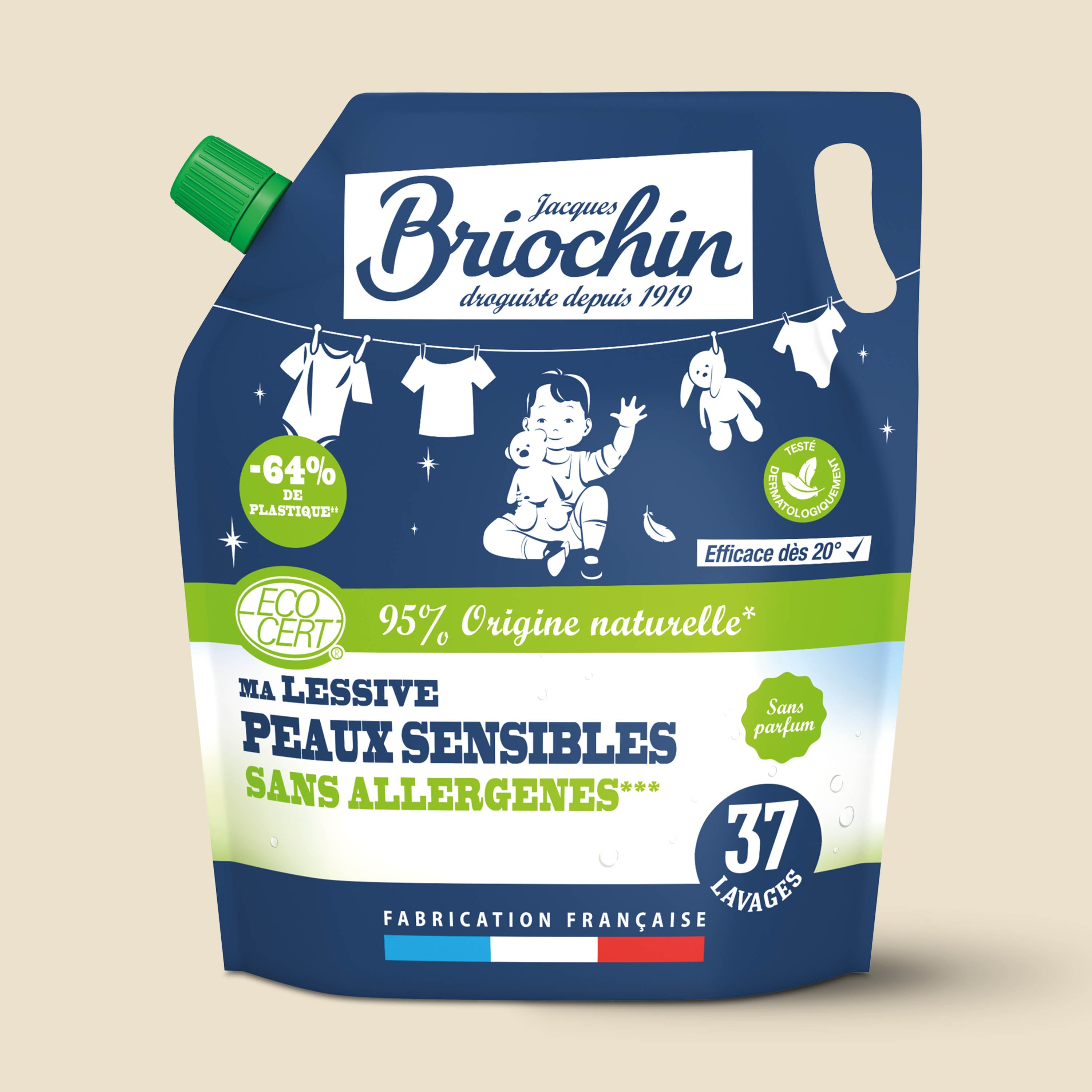 JACQUES BRIOCHIN - Recharge Ma lessive Peaux Sensibles - Sans allergènes 1,7L Sans parfum