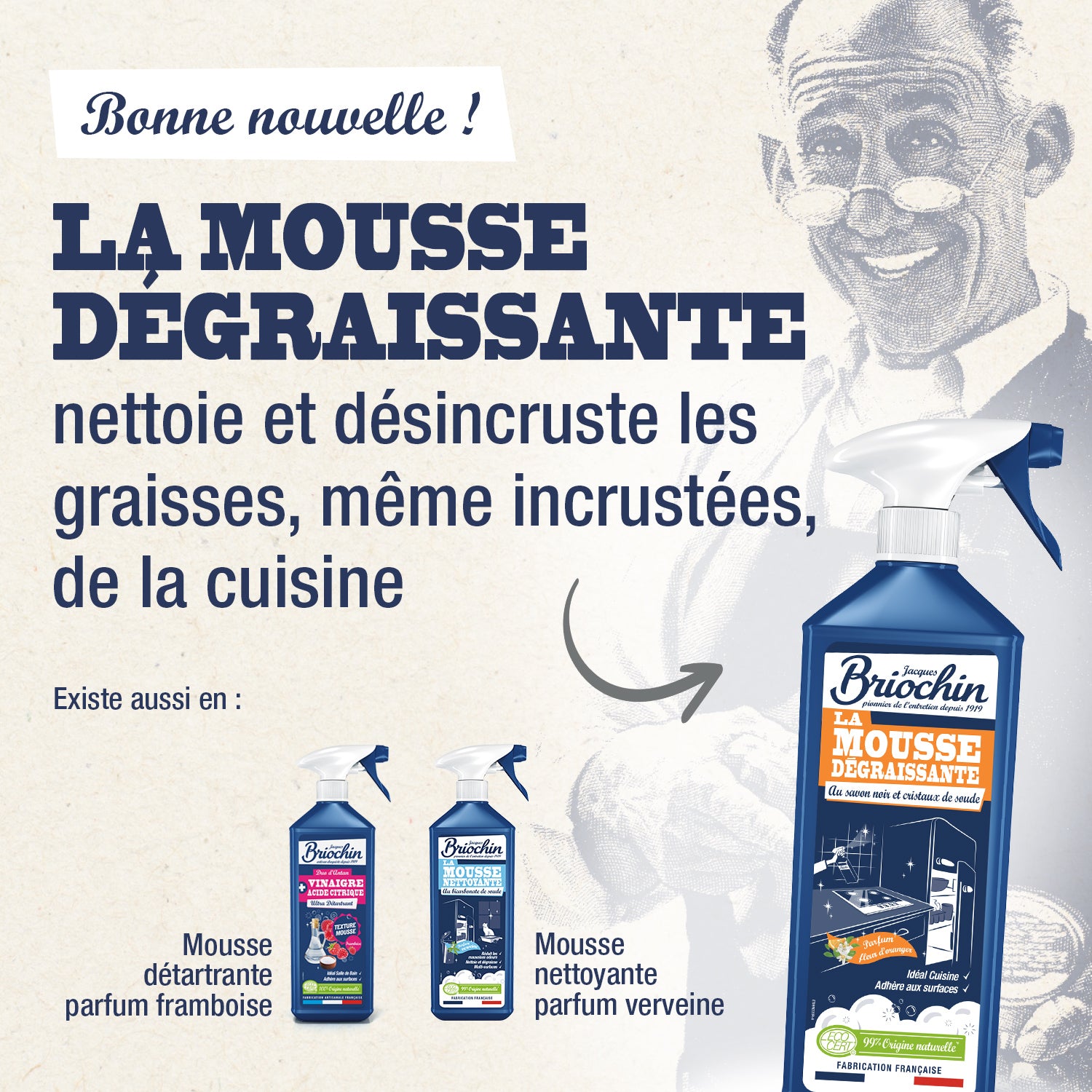JACQUES BRIOCHIN - Mousse dégraissante au savon noir et cristaux de soude 750ml Fleur d'oranger
