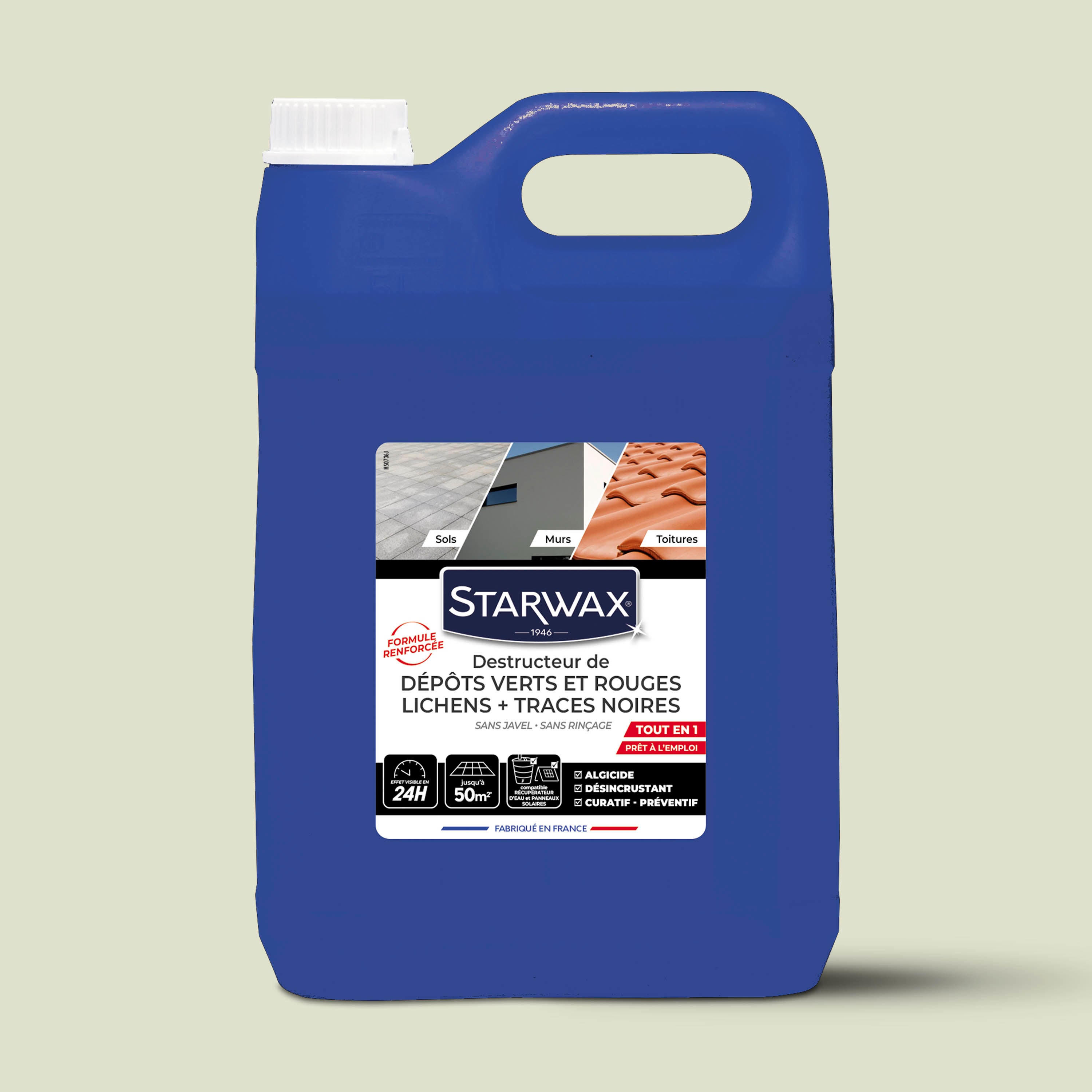 STARWAX - Destructeur de dépôts verts, rouges, lichens et traces noires prêt à l'emploi pour toitures, murs et sols extérieurs 1L