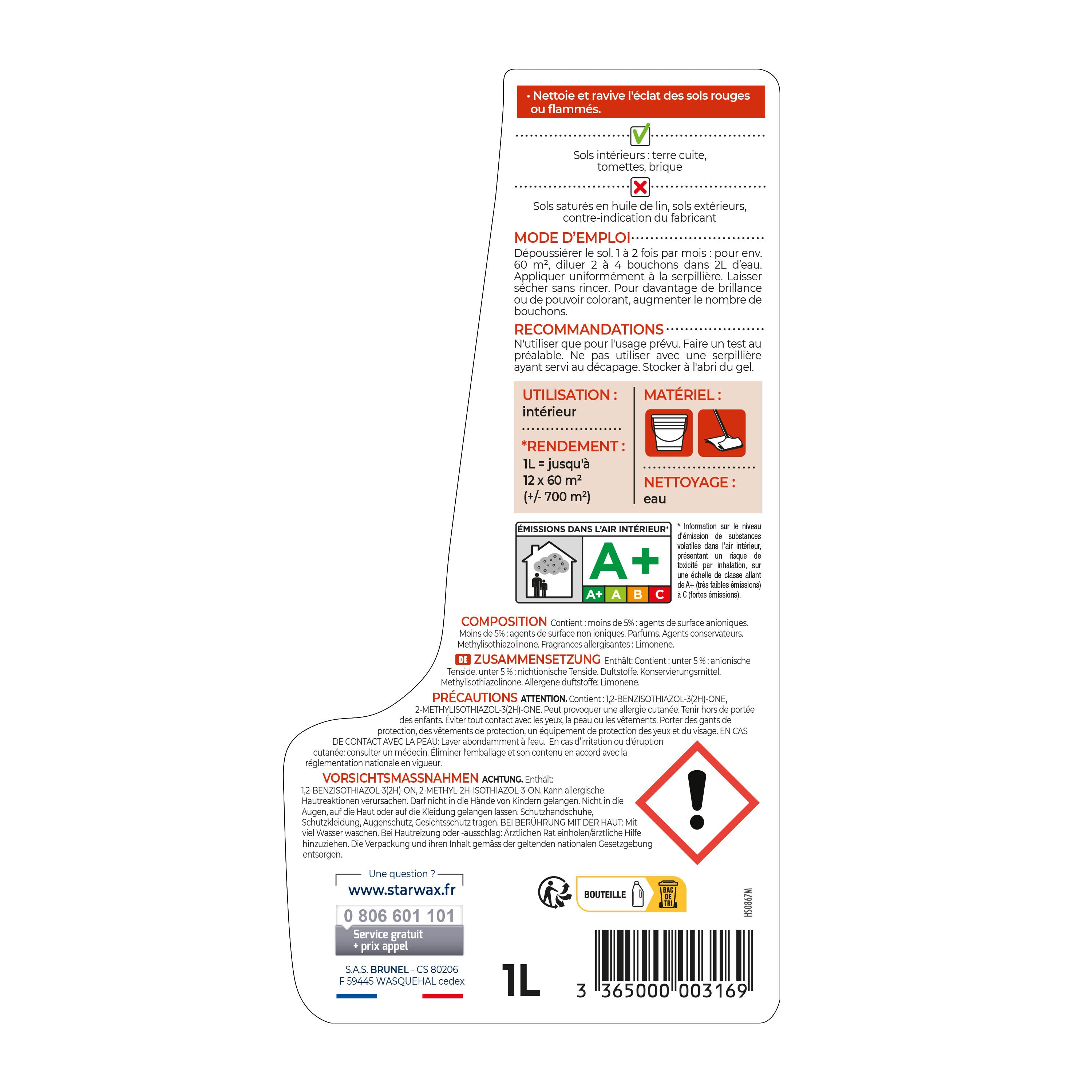 STARWAX - Nettoyant raviveur coloré pour tomettes et terres cuites 1L