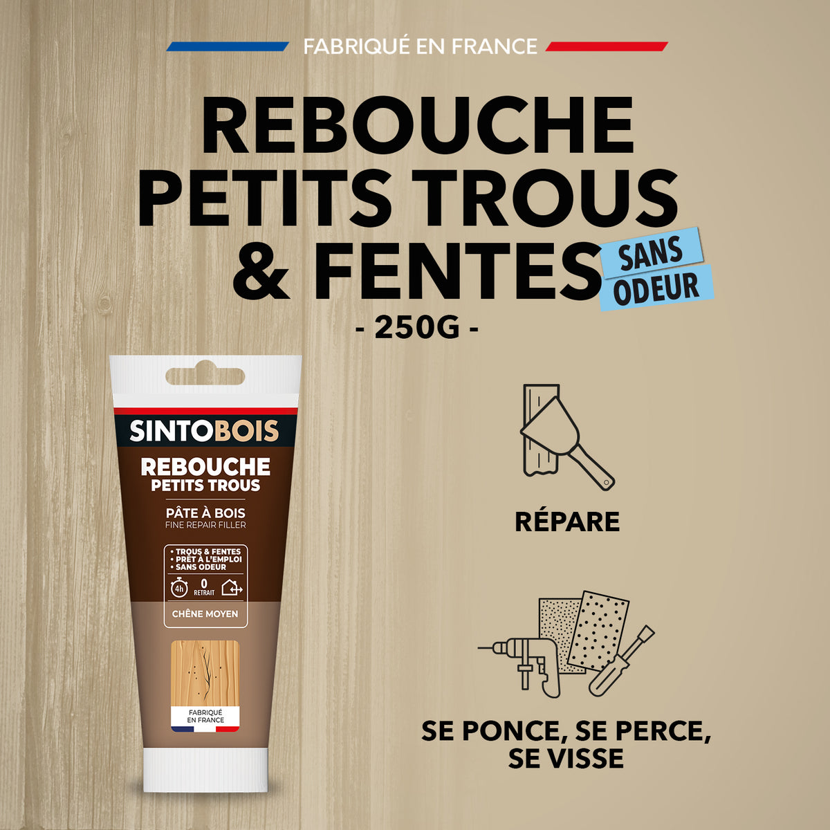 SINTO - Rebouche imperfections - Pâte à bois naturel 80g Blanc
