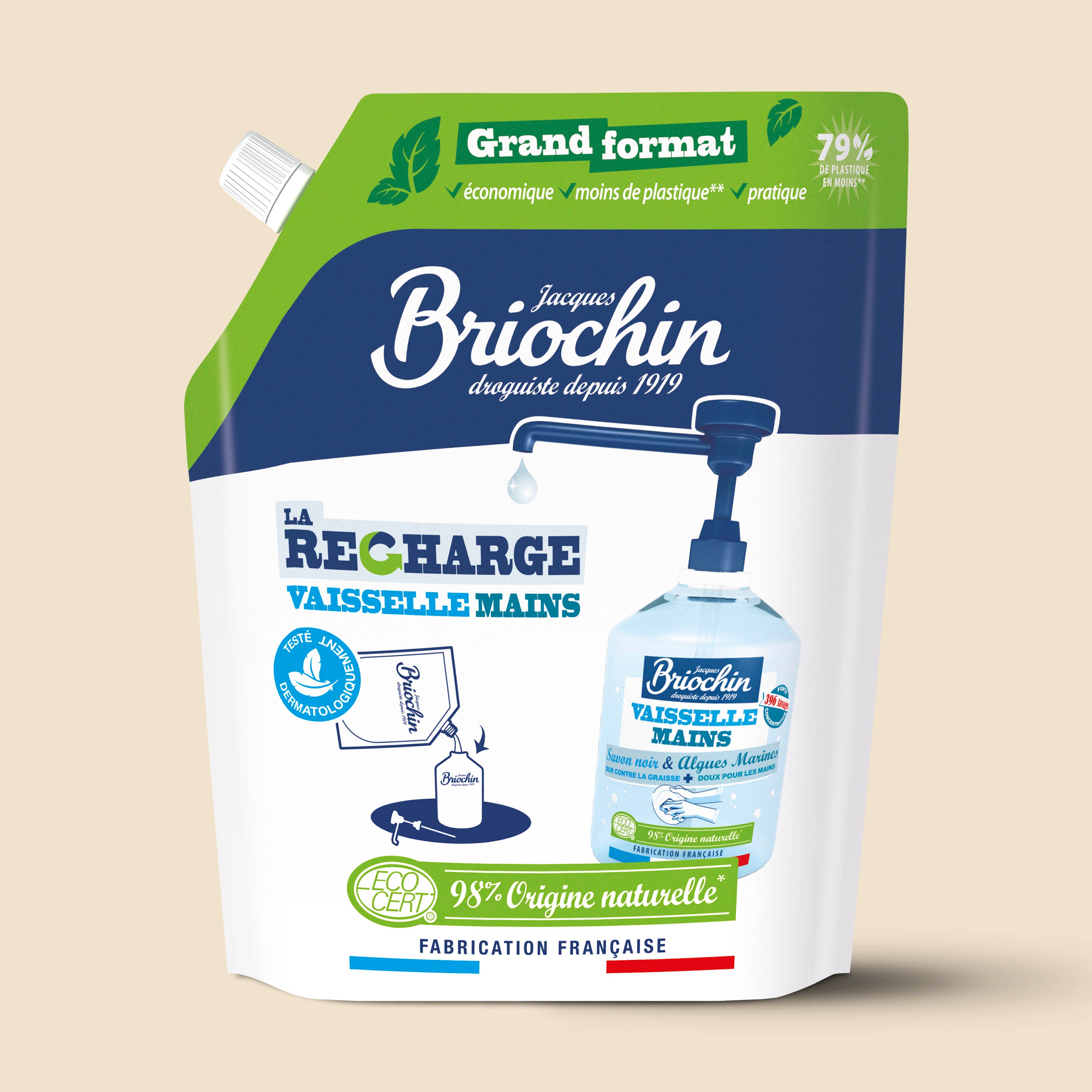 JACQUES BRIOCHIN - Recharge Liquide Vaisselle Mains Savon noir & Algues Marines grand format 900ml Algues Marines