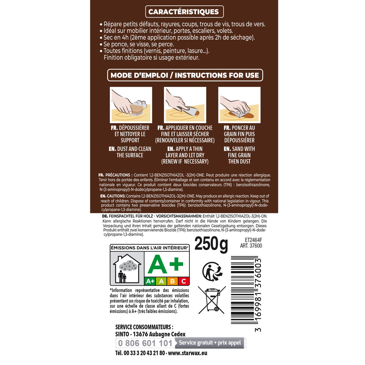 SINTO - Rebouche imperfections - Pâte à bois naturel 80g Blanc