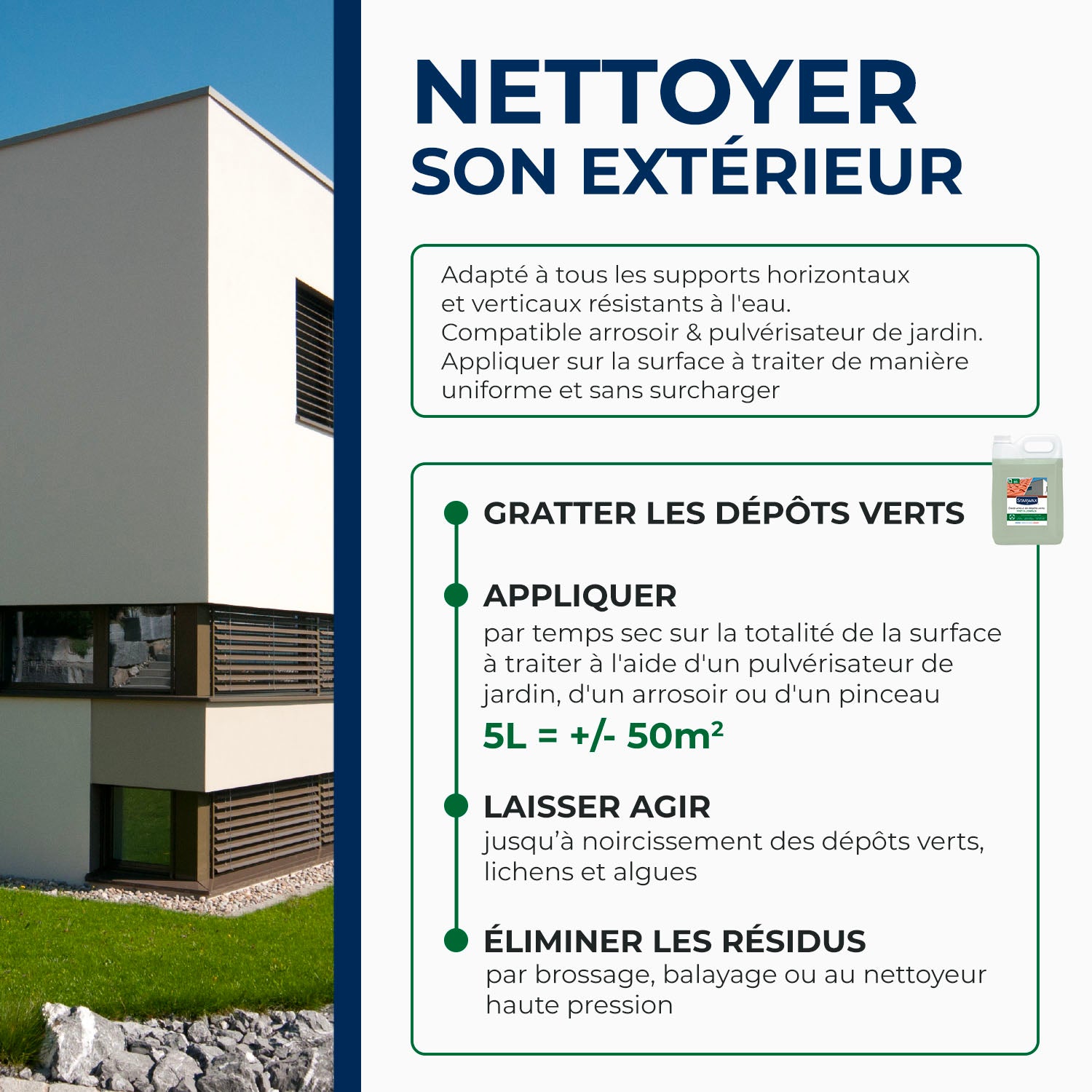 STARWAX - Destructeur de dépôts verts prêt à l'emploi pour toitures, murs et sols extérieurs 1L