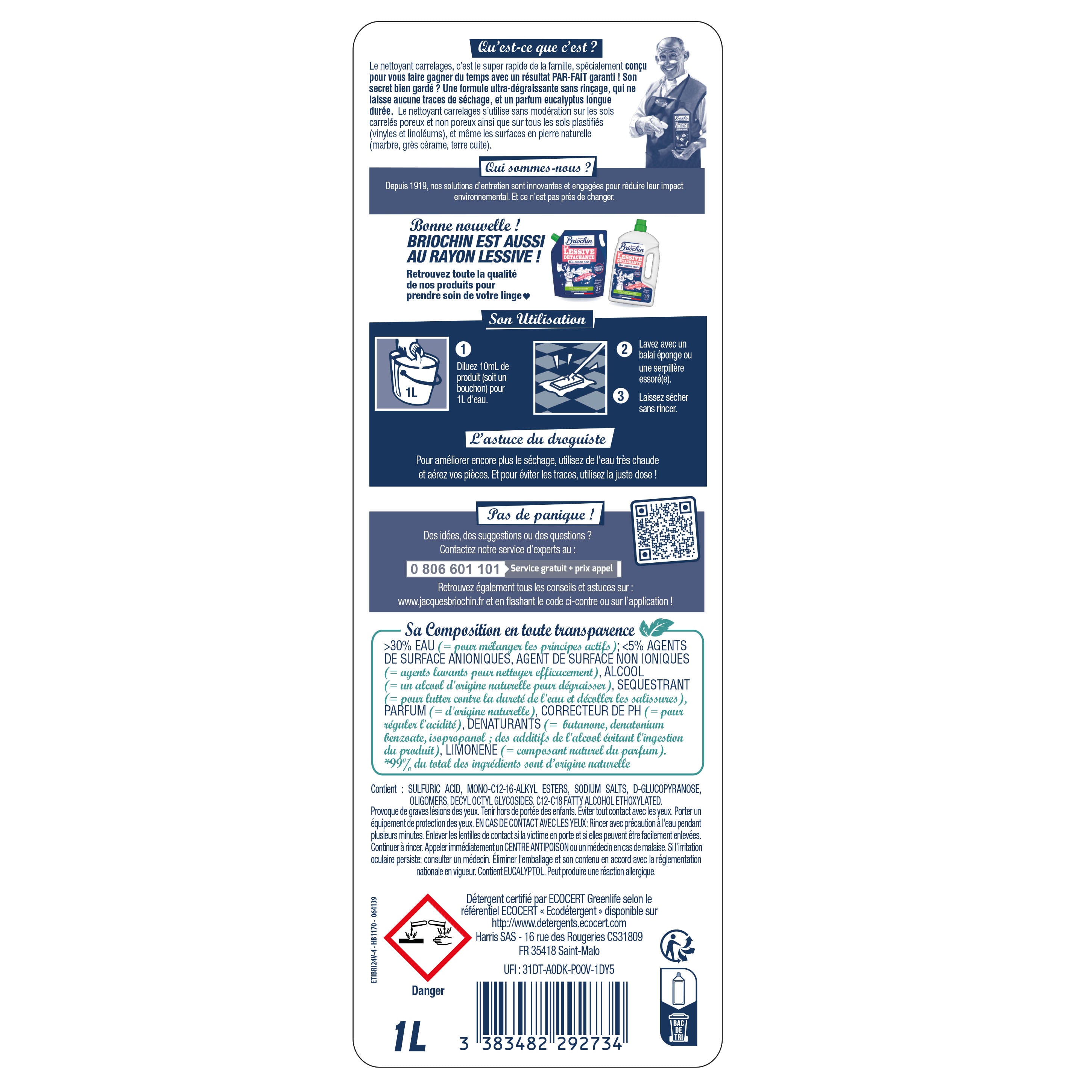 JACQUES BRIOCHIN - Nettoyant Carrelage séchage rapide 1L Eucalyptus