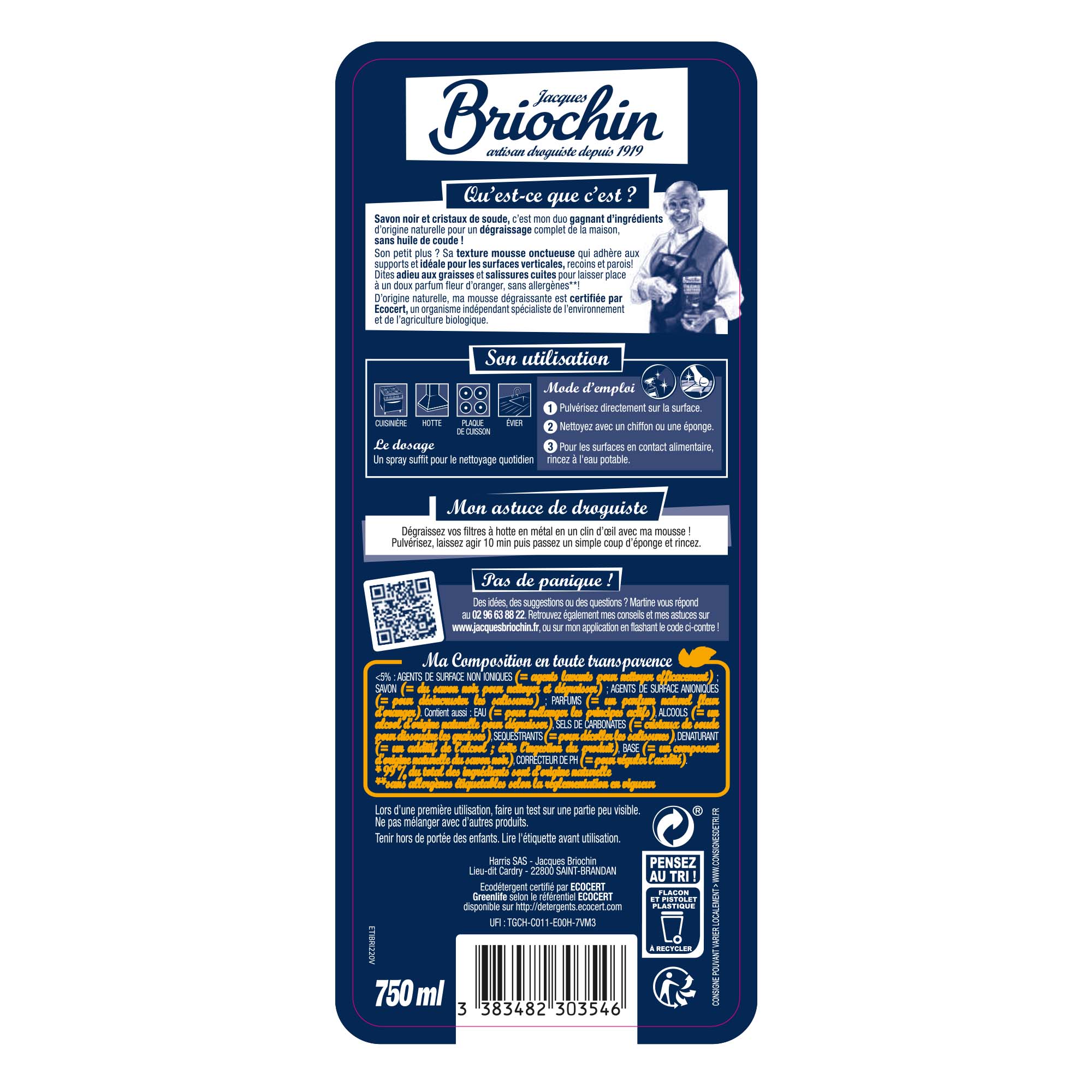 JACQUES BRIOCHIN - Mousse dégraissante au savon noir et cristaux de soude 750ml Fleur d'oranger