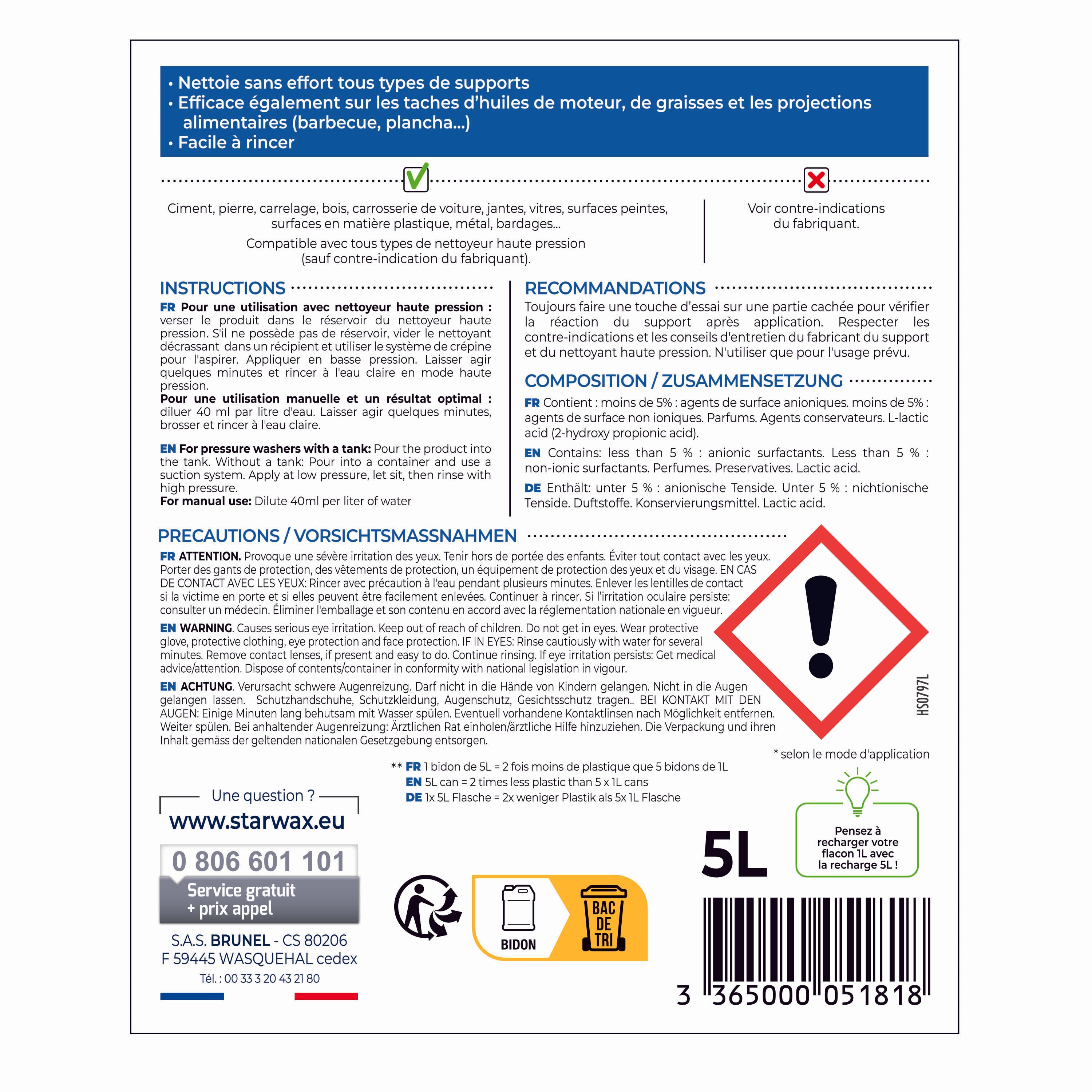 STARWAX - Nettoyant décrassant pour toitures, murs, et sols extérieurs 1L