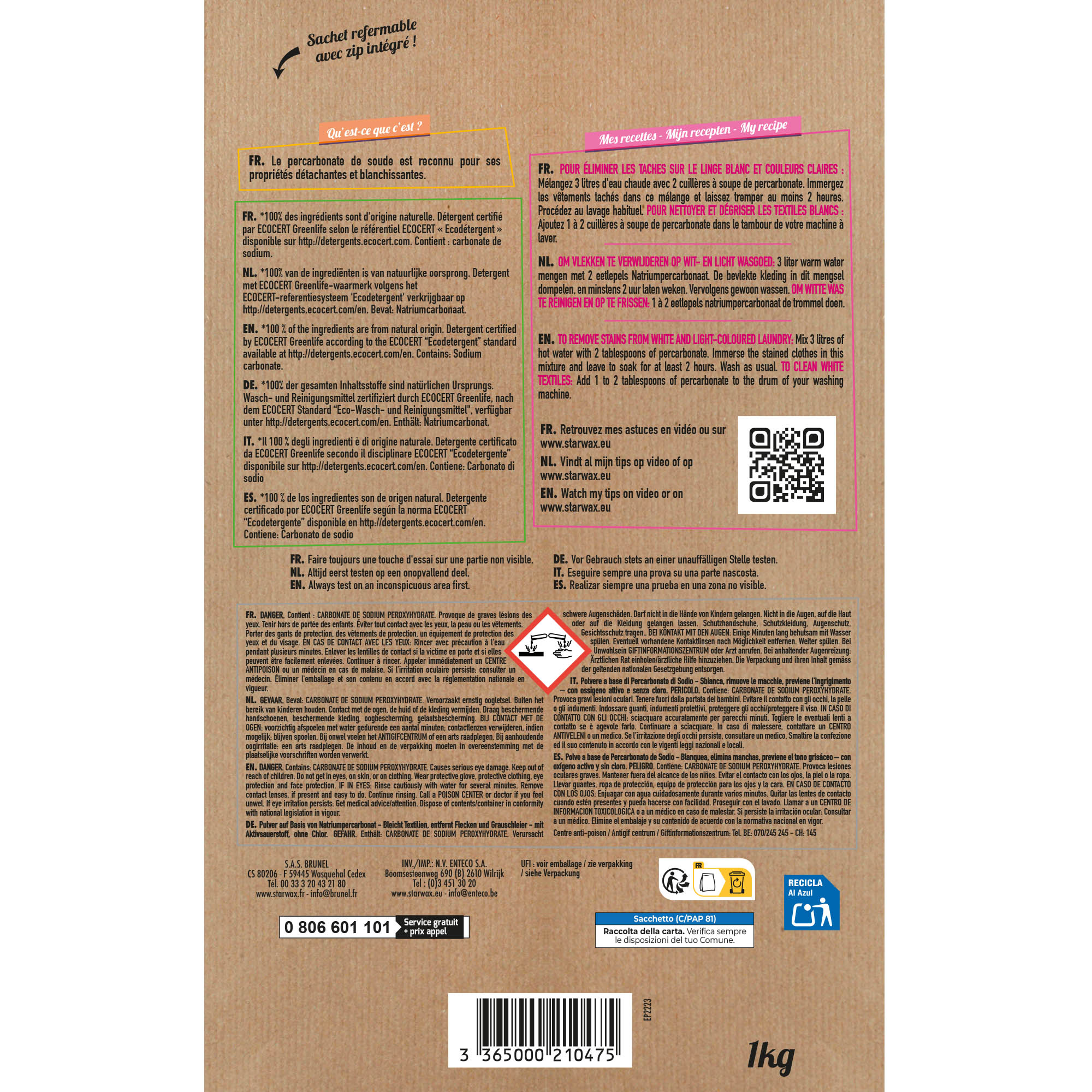 STARWAX FABULOUS - Ma poudre détachante & raviveur de blancheur au percarbonate de soude – Sachet éco 1kg