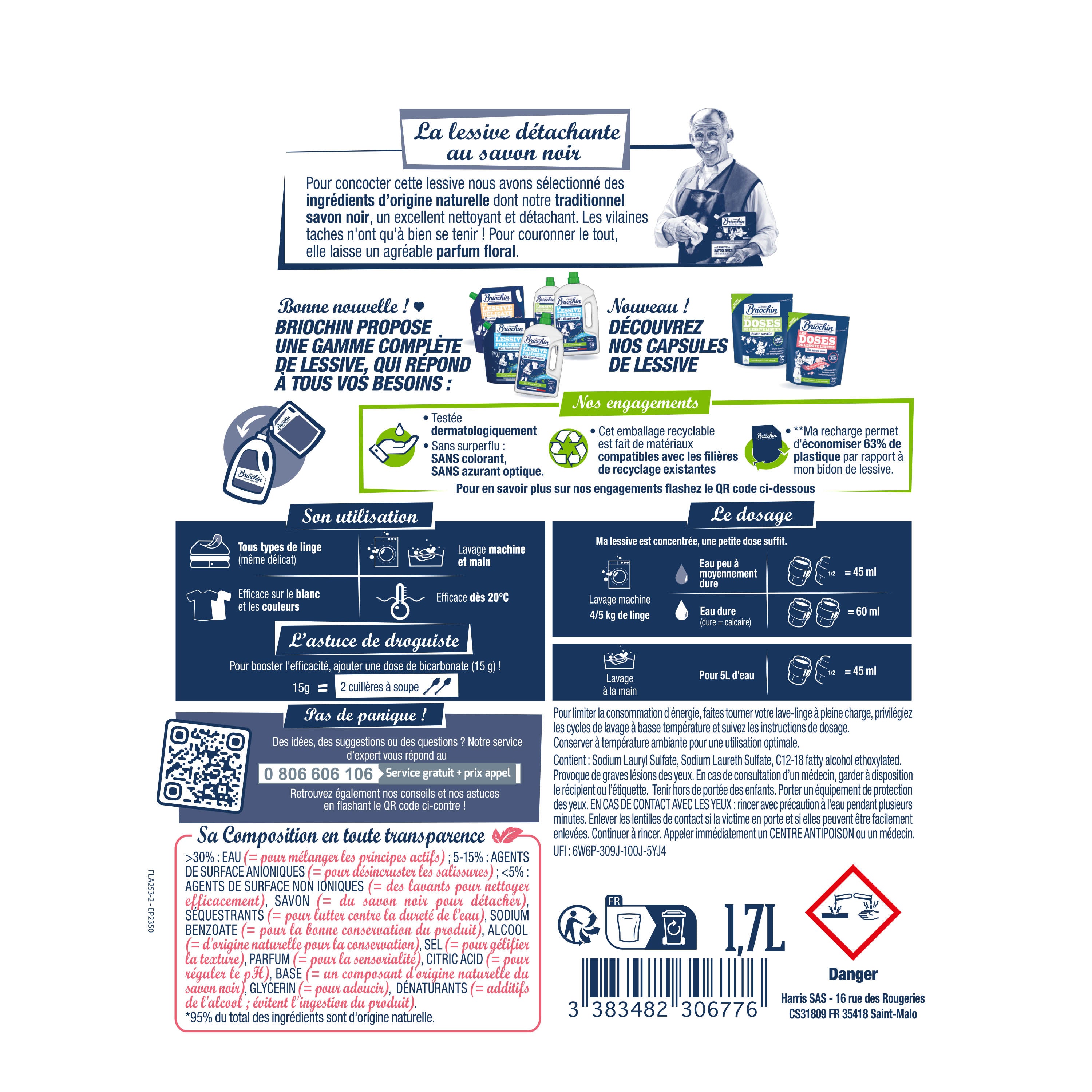 JACQUES BRIOCHIN - Recharge Ma lessive au savon noir - Détachante 1,7L Bouquet Floral
