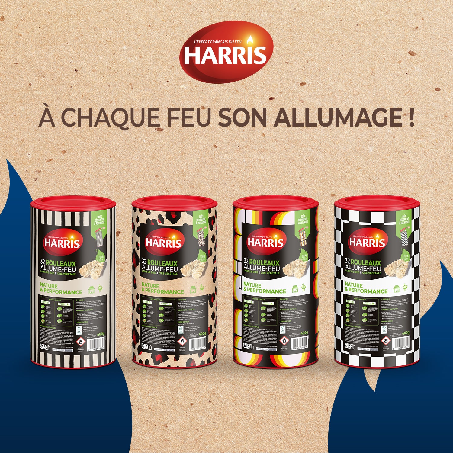 HARRIS - Cylindre Rouleaux allume feu 100% végétal x32 400g