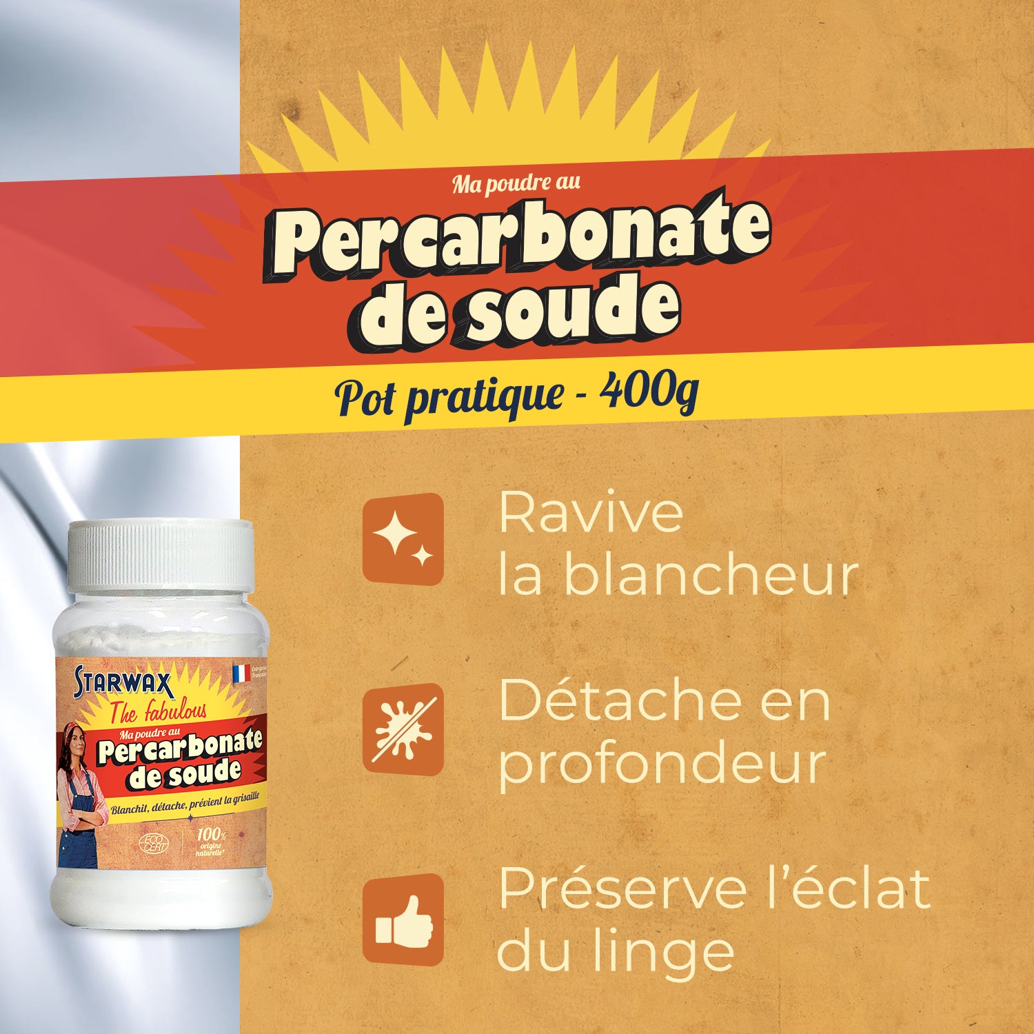 STARWAX FABULOUS - Ma poudre détachante & raviveur de blancheur au percarbonate de soude – Pot pratique 400g