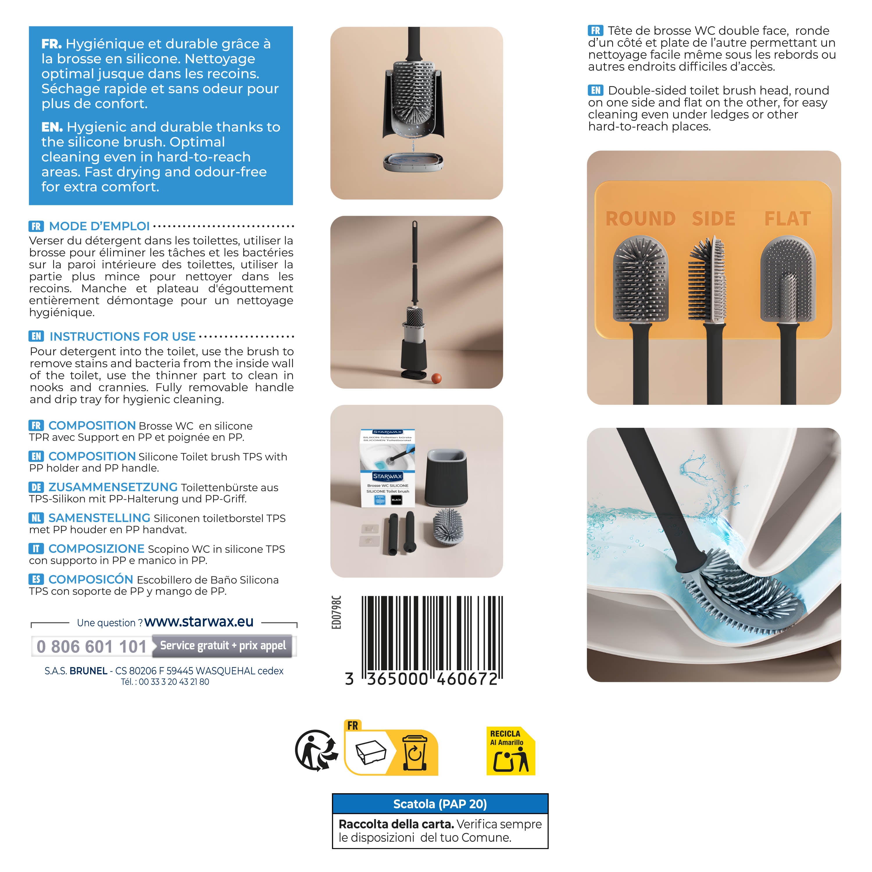 STARWAX - Balayette WC silicone avec support mural X1 Blanche