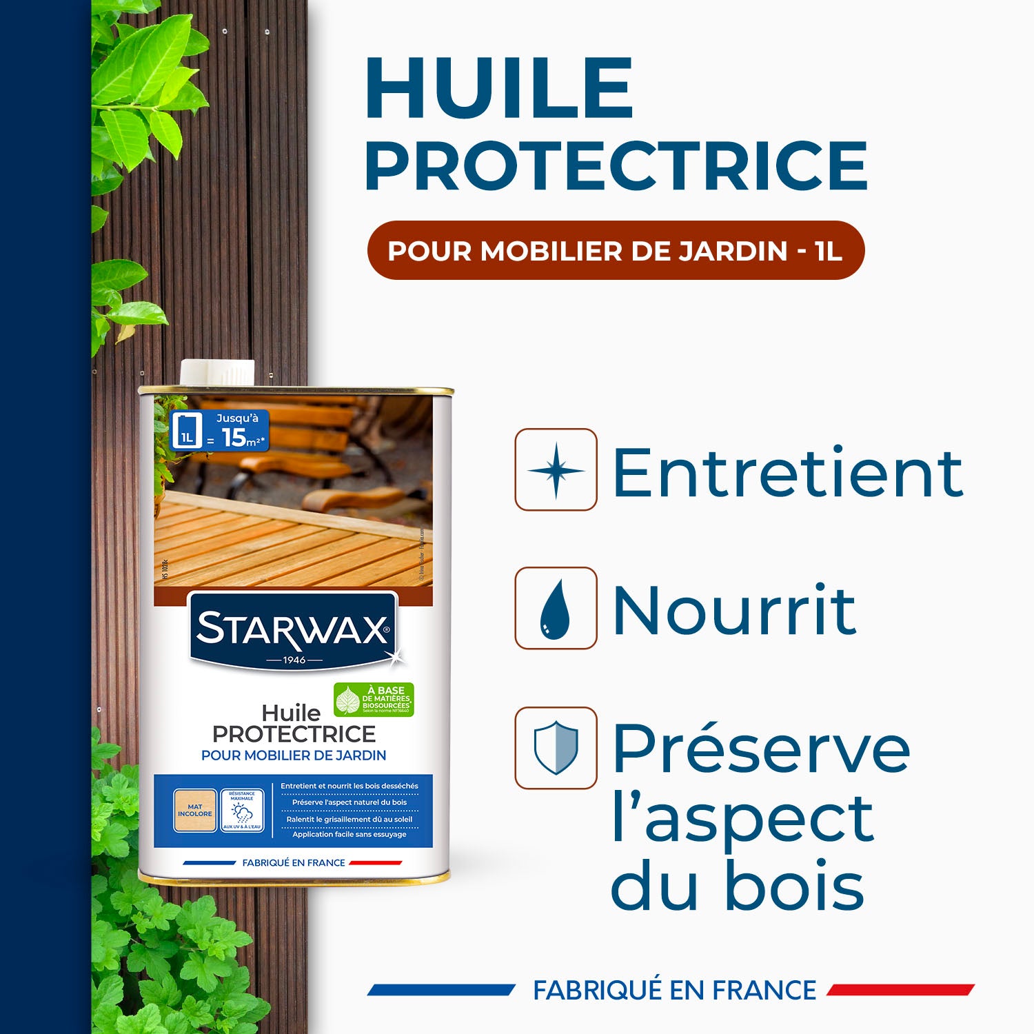 STARWAX - Huile protectrice pour mobilier de jardin 1L Incolore