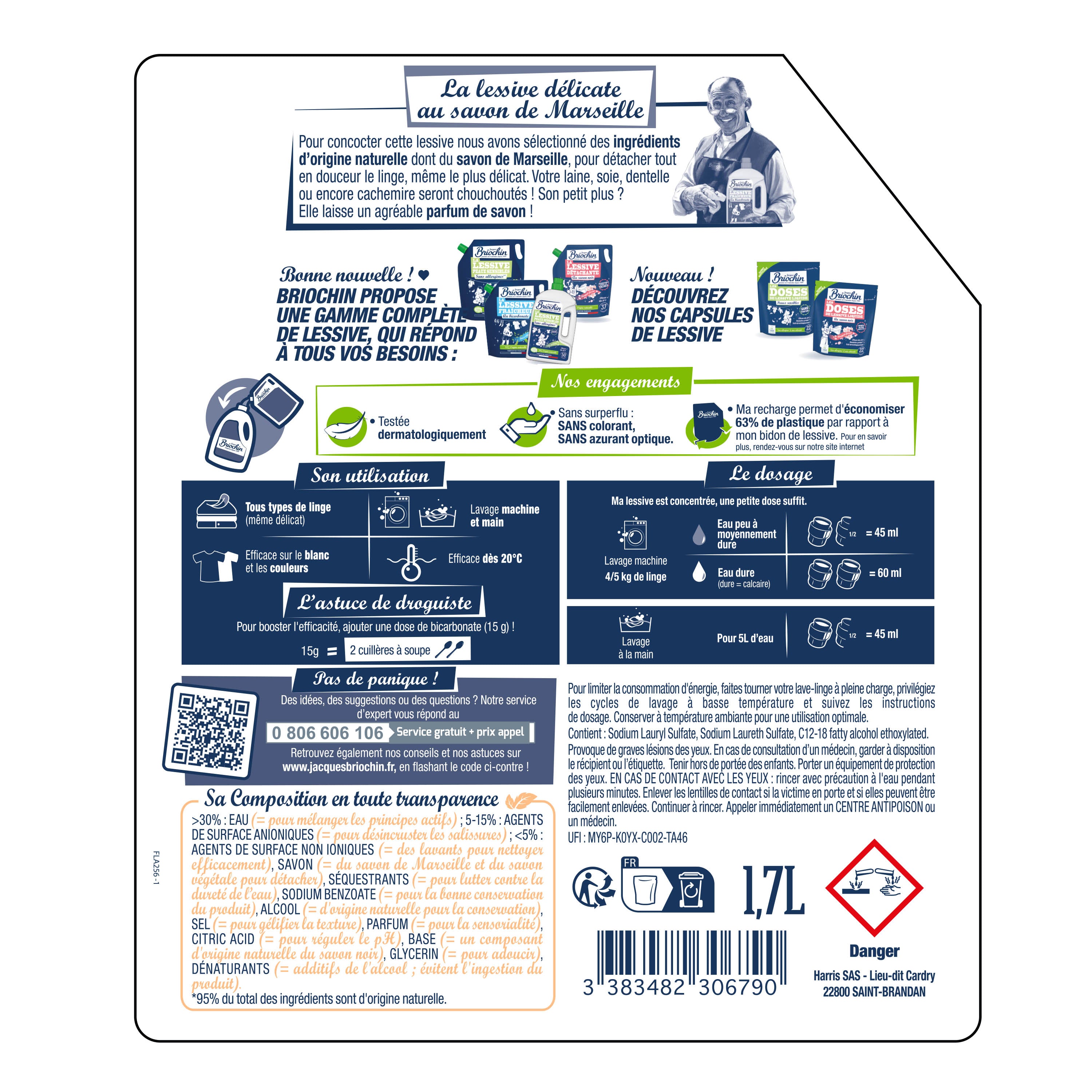 JACQUES BRIOCHIN - Recharge Ma lessive au savon de Marseille - Linge délicat 1,7L Fleur de savon