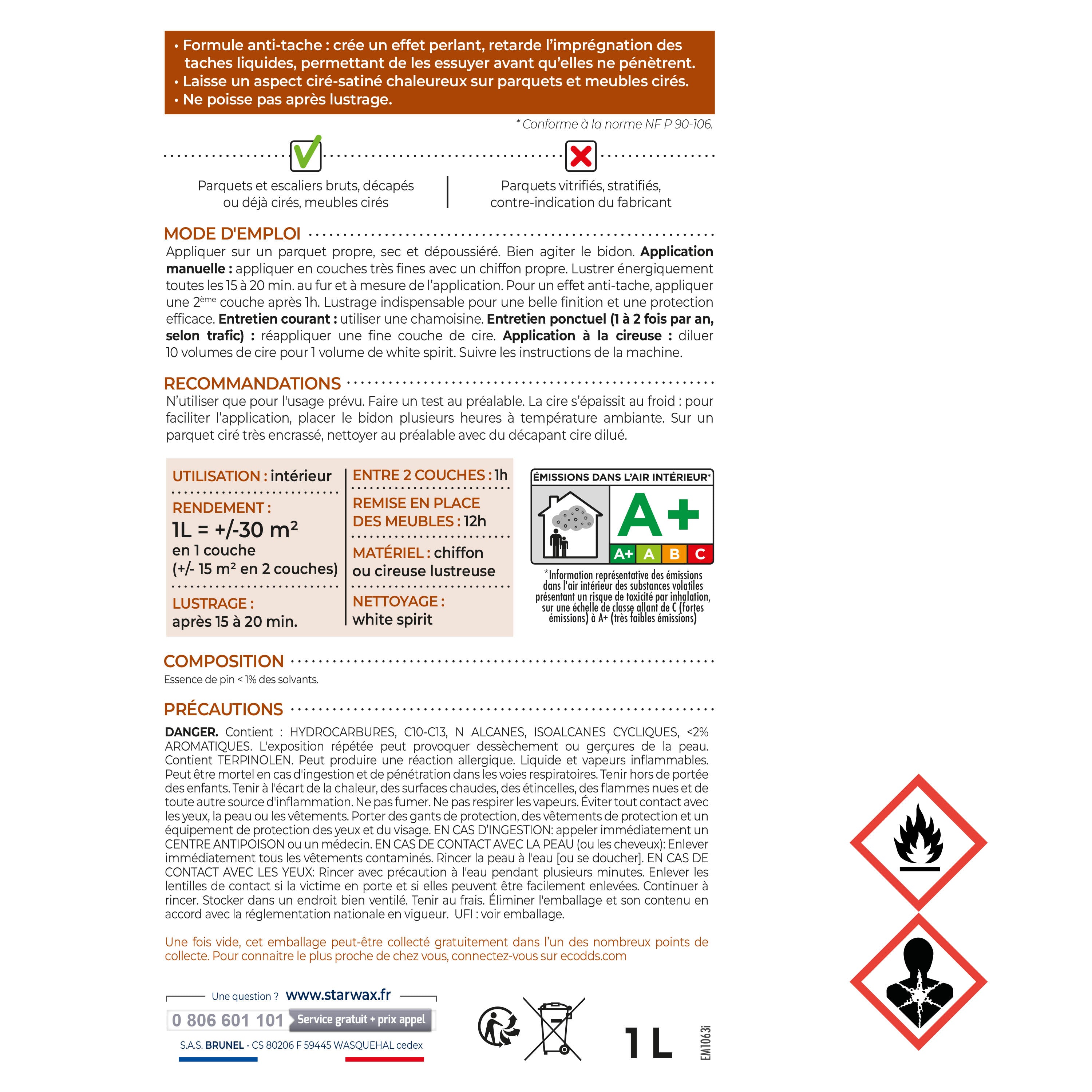 STARWAX - Cire Starlon anti-tache pour parquets cirés 1L Bois clair