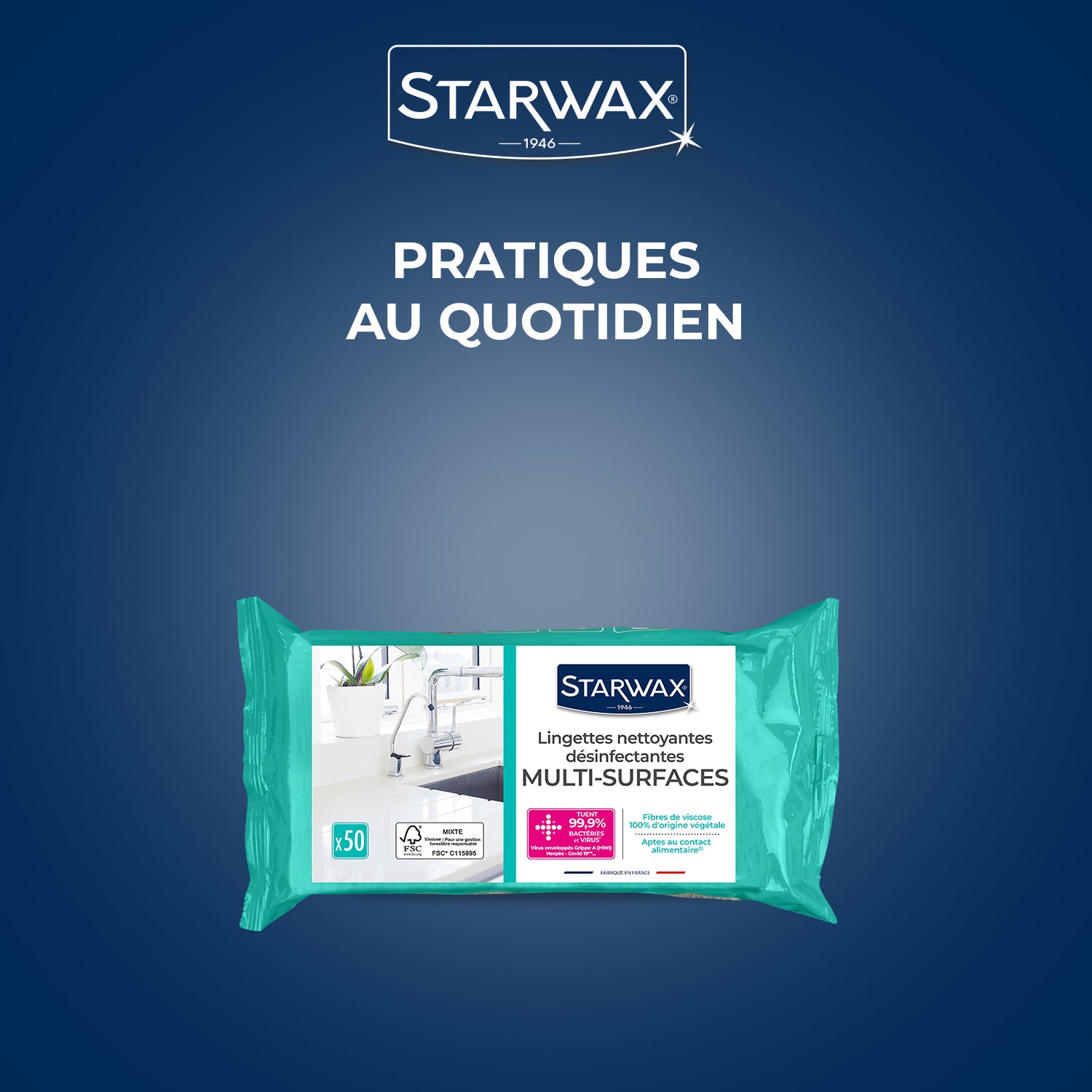 STARWAX - Lingettes nettoyantes désinfectantes multi-surfaces X50