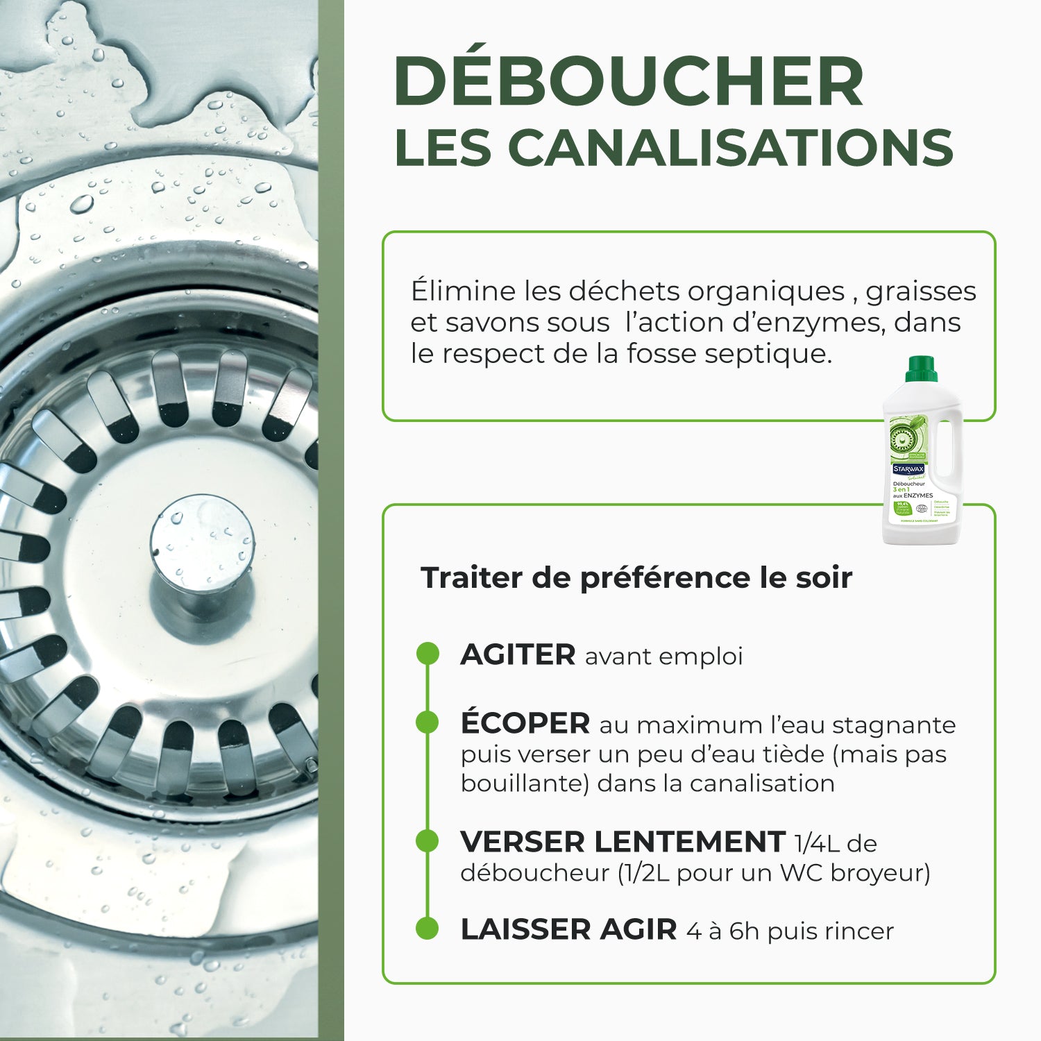 STARWAX SOLUVERT - Déboucheur 3 en 1 aux enzymes pour canalisations 950ml