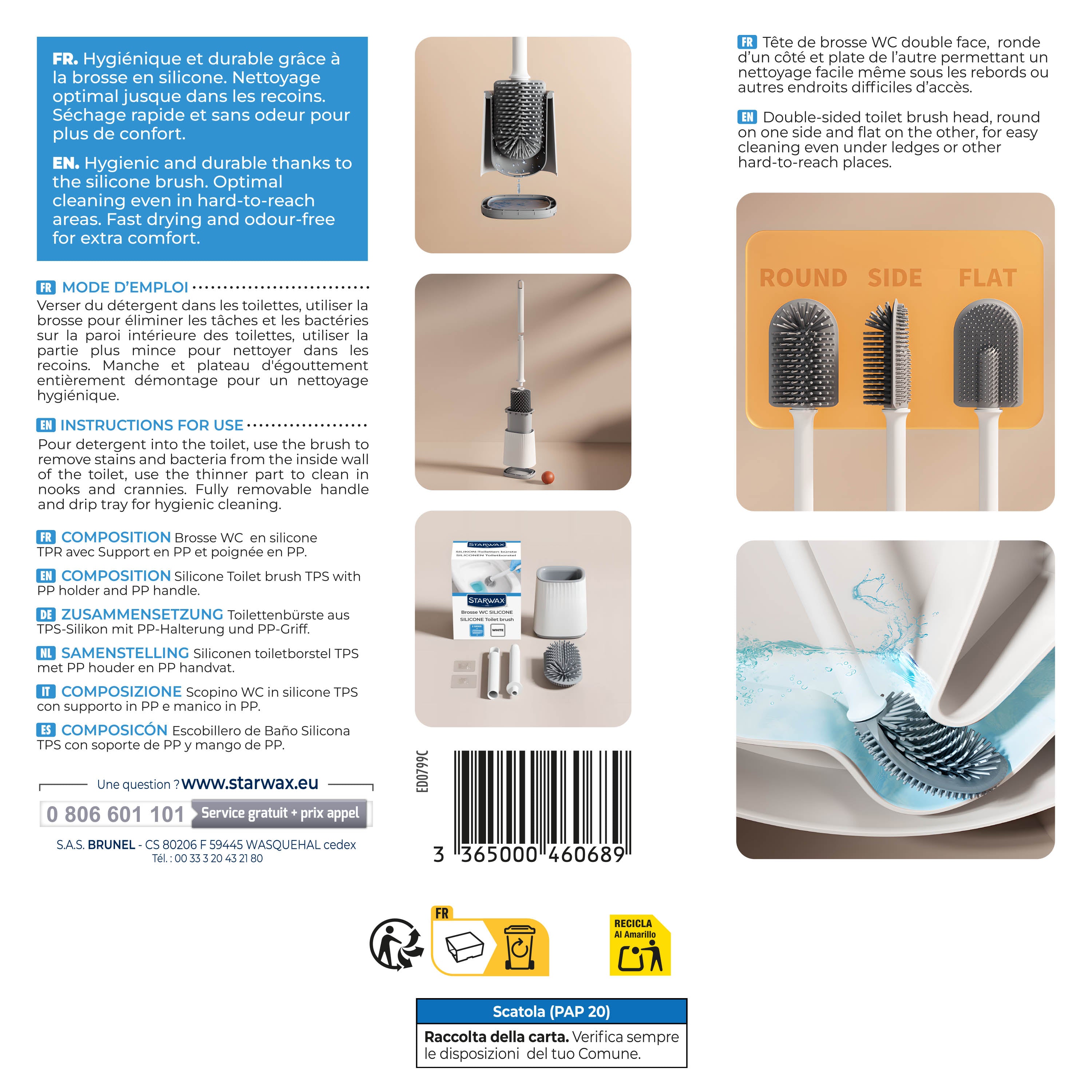 STARWAX - Brosse WC silicone avec support mural X1 Blanche