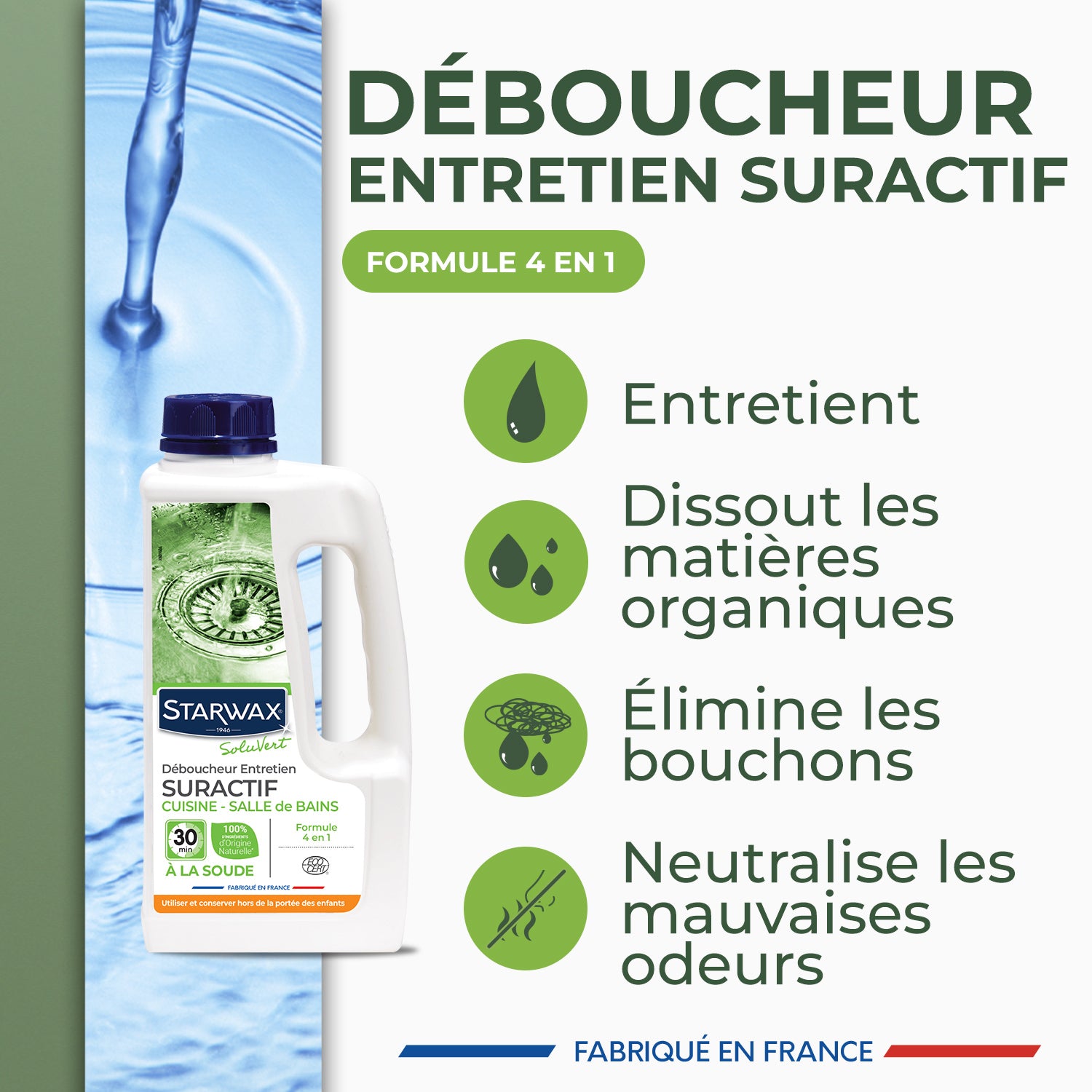 STARWAX SOLUVERT - Déboucheur suractif cuisine - salle de bains 900ml
