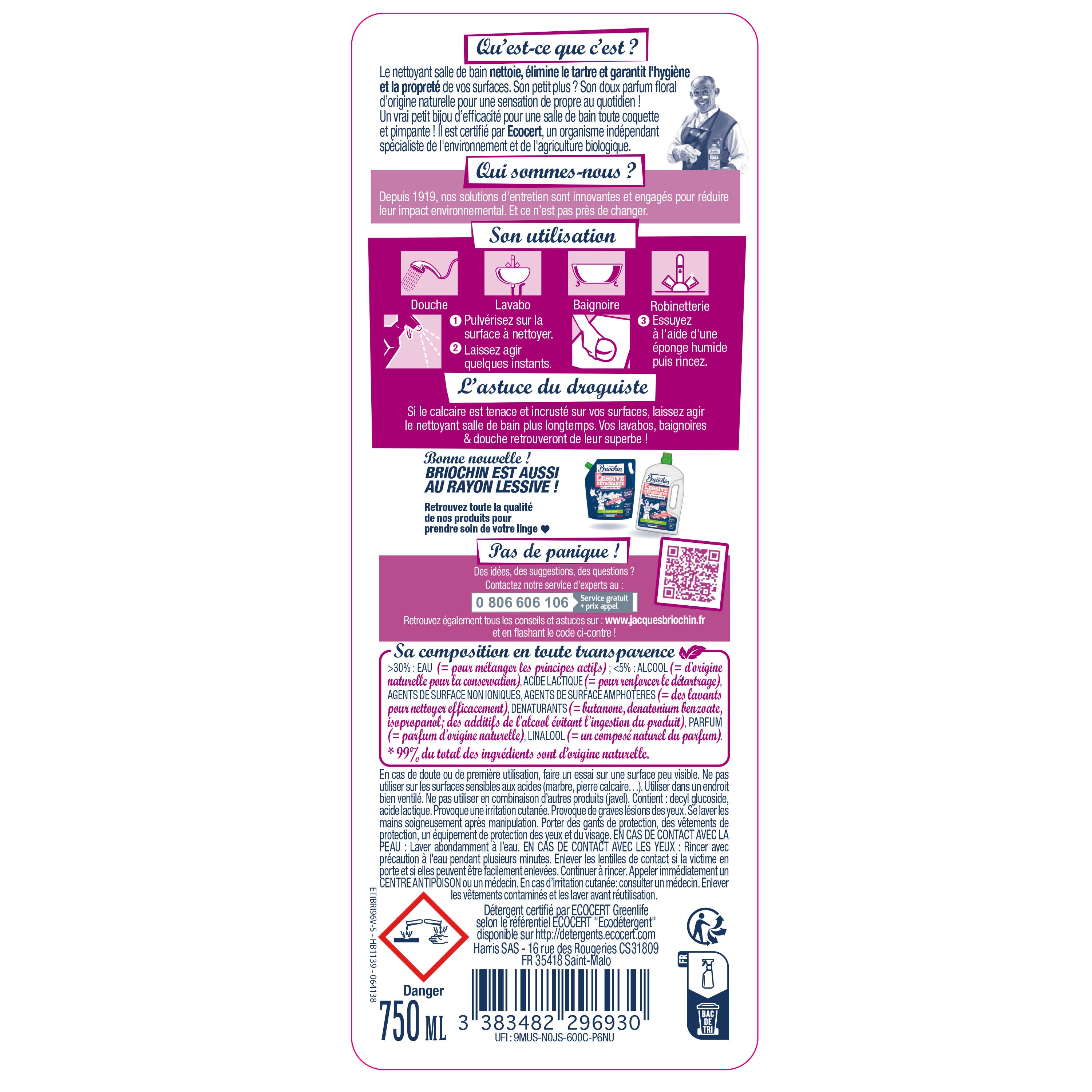 JACQUES BRIOCHIN - Nettoyant salle de bain 3 en 1 parfum floral 750ml Parfum floral