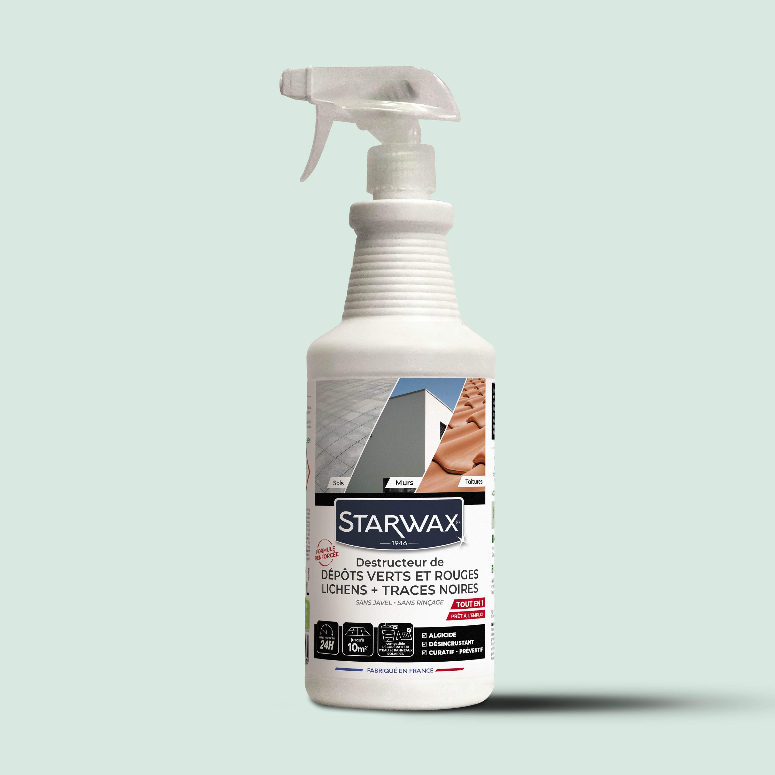 STARWAX - Destructeur de dépôts verts, rouges, lichens et traces noires prêt à l'emploi pour toitures, murs et sols extérieurs 1L