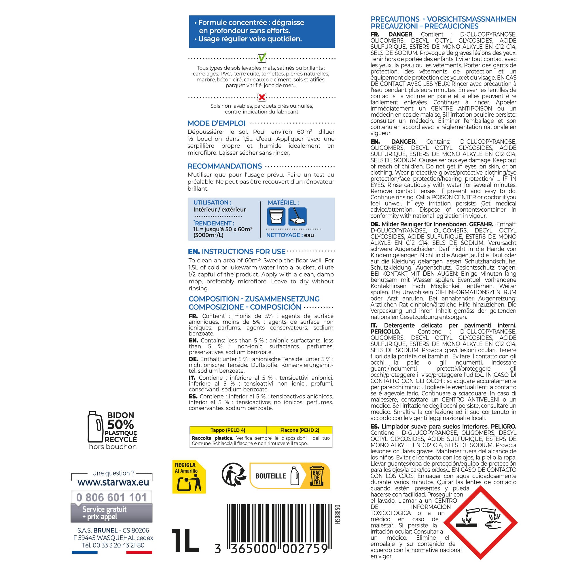 STARWAX - Nettoyant doux pour sols intérieurs 1L