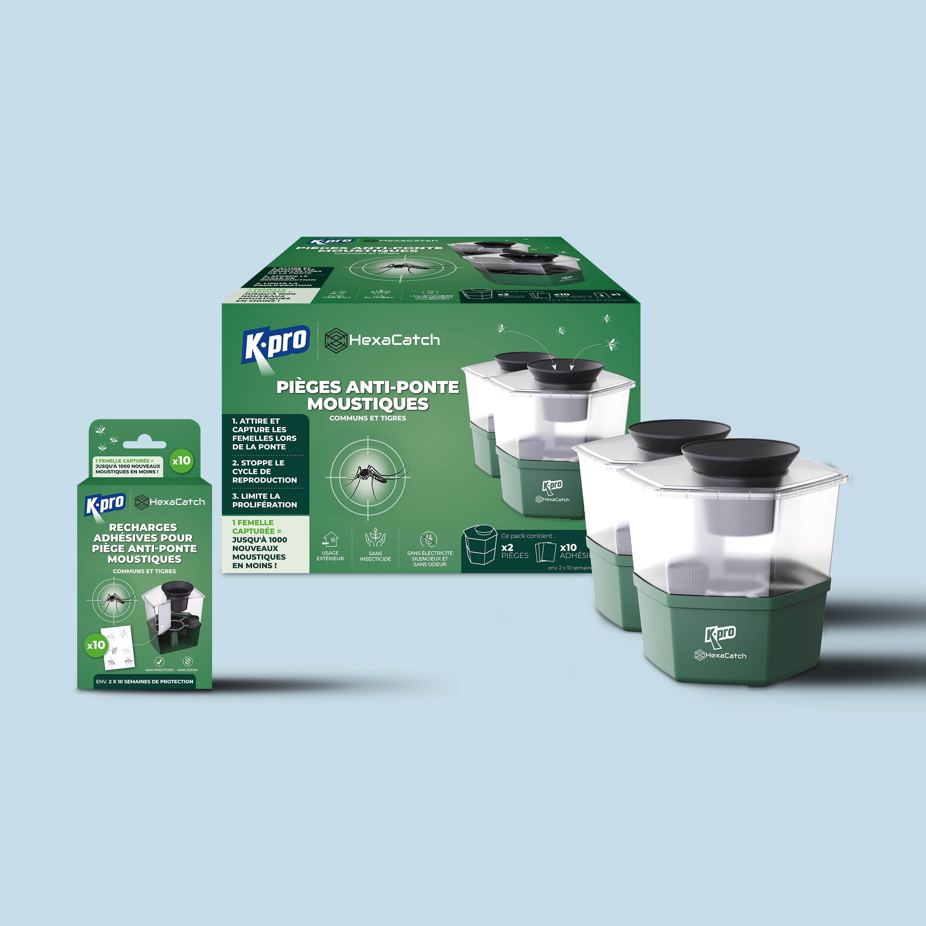 K.PRO - Pack de 2 Pièges anti-ponte moustiques communs et tigres + 10 adhésifs 2 Pièges + 10 adhésifs