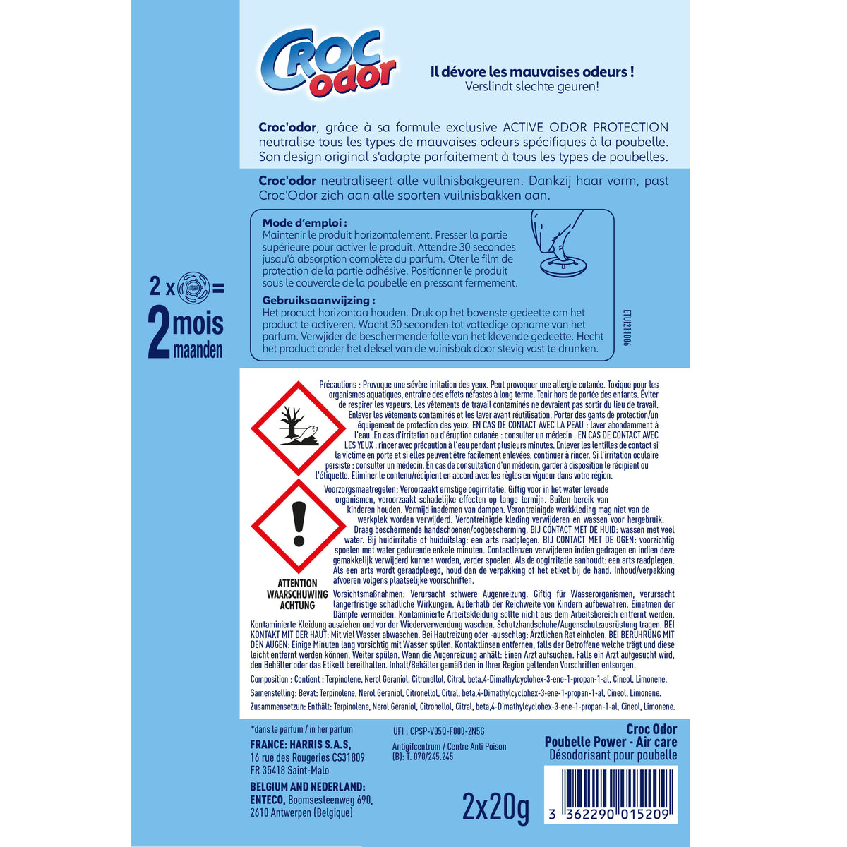 CROC ODOR - Absorbeur d'odeurs Poubelle Power x2 2x20g Citrus fresh