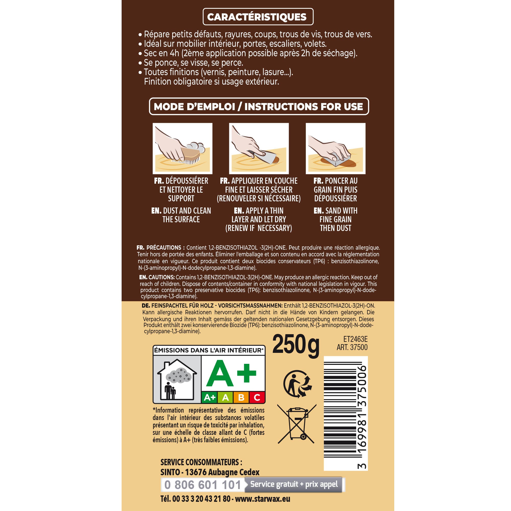 SINTO - Rebouche imperfections - Pâte à bois naturel 80g Blanc