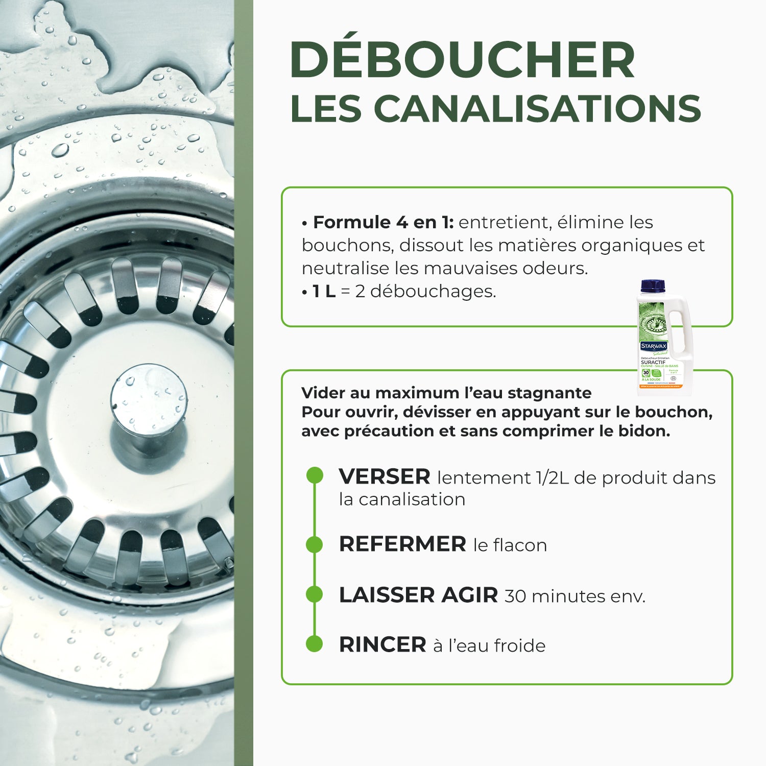 STARWAX SOLUVERT - Déboucheur suractif cuisine - salle de bains 900ml