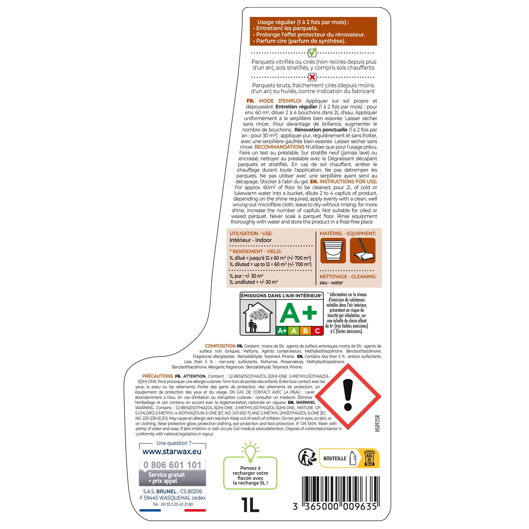 STARWAX - Entretien brillant pour parquets et sols stratifiés
1L