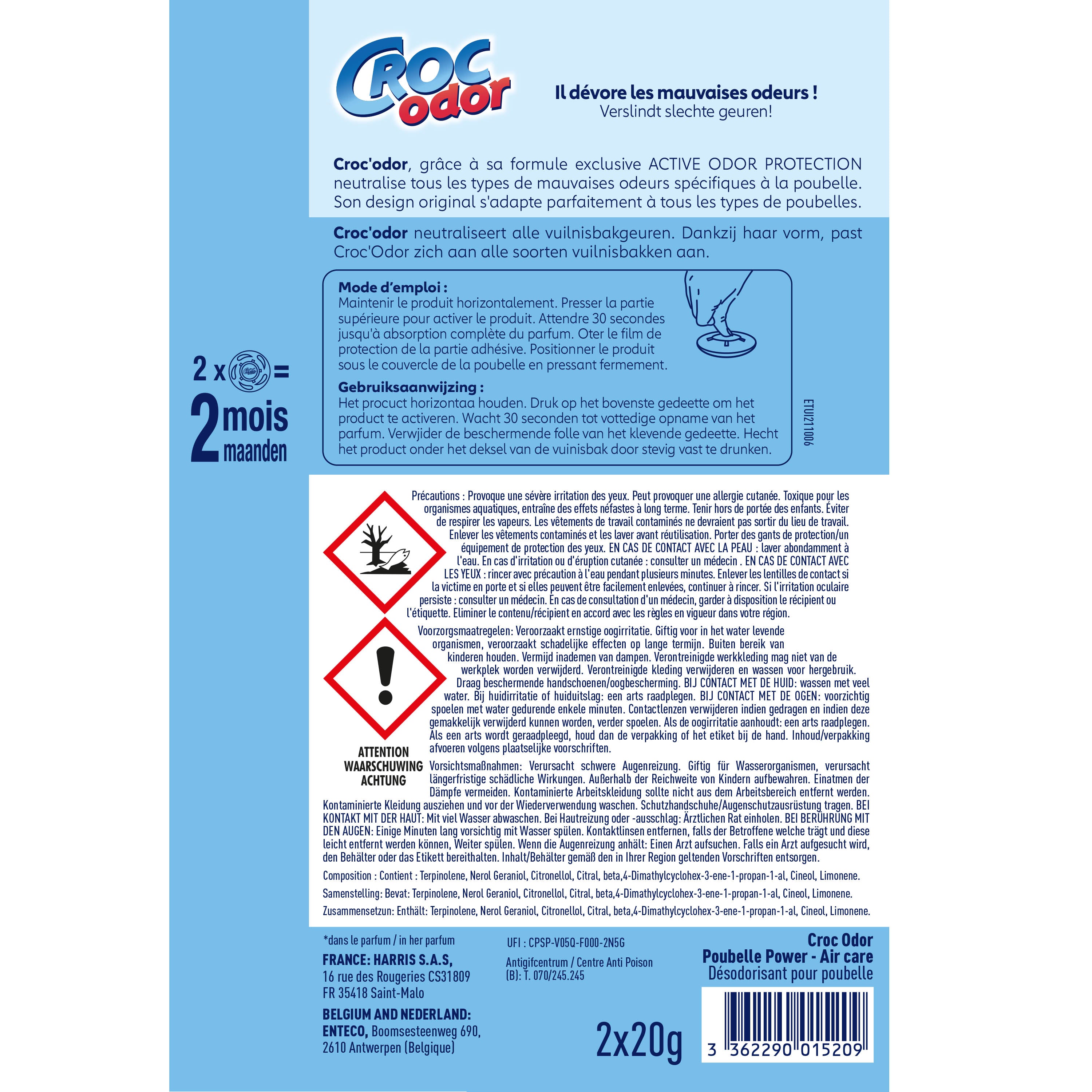 CROC ODOR - Absorbeur d'odeurs Poubelle Power x2 2x20g Citrus fresh