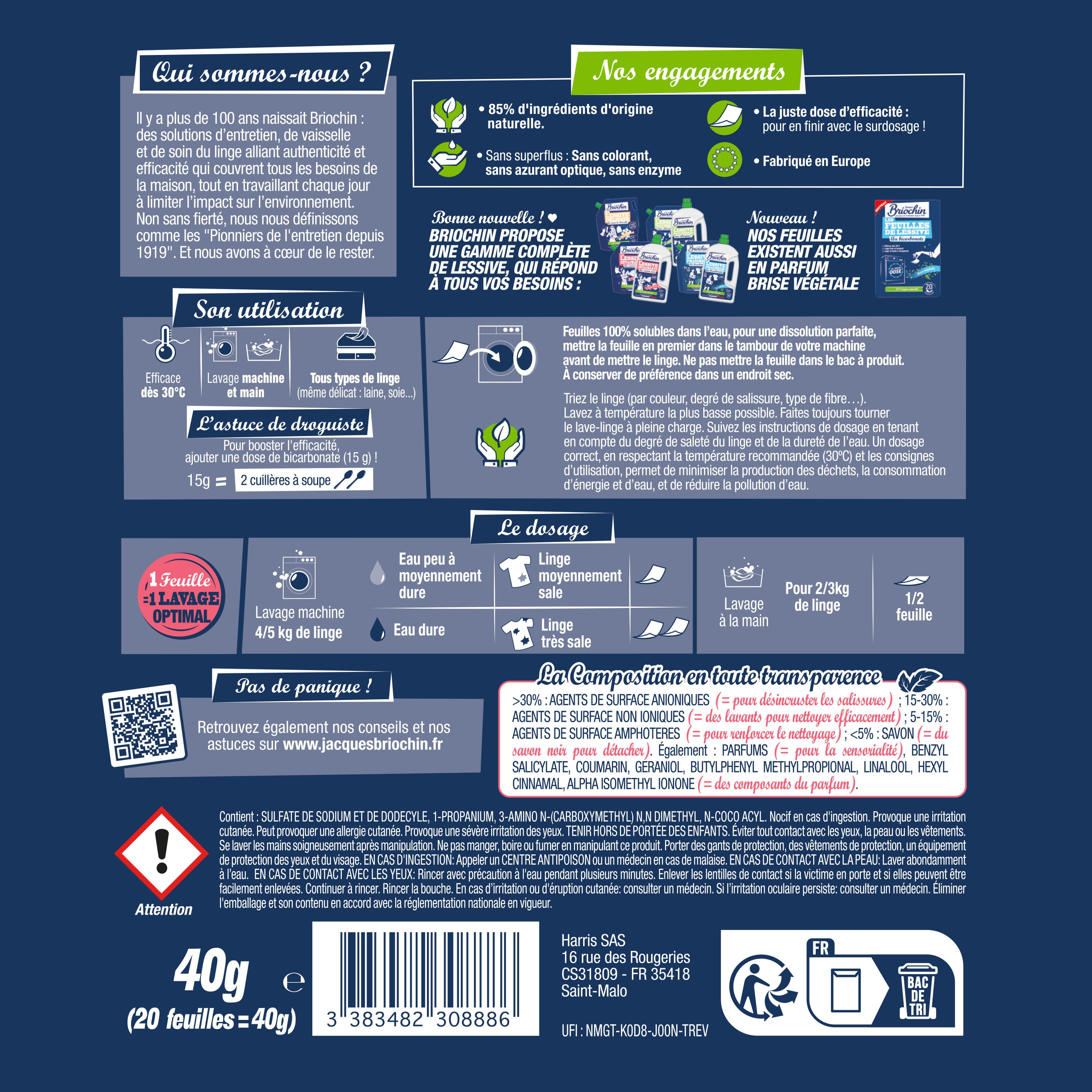 JACQUES BRIOCHIN - Feuilles de lessive au Savon noir parfum Bouquet floral 20 feuilles Parfum Bouquet floral