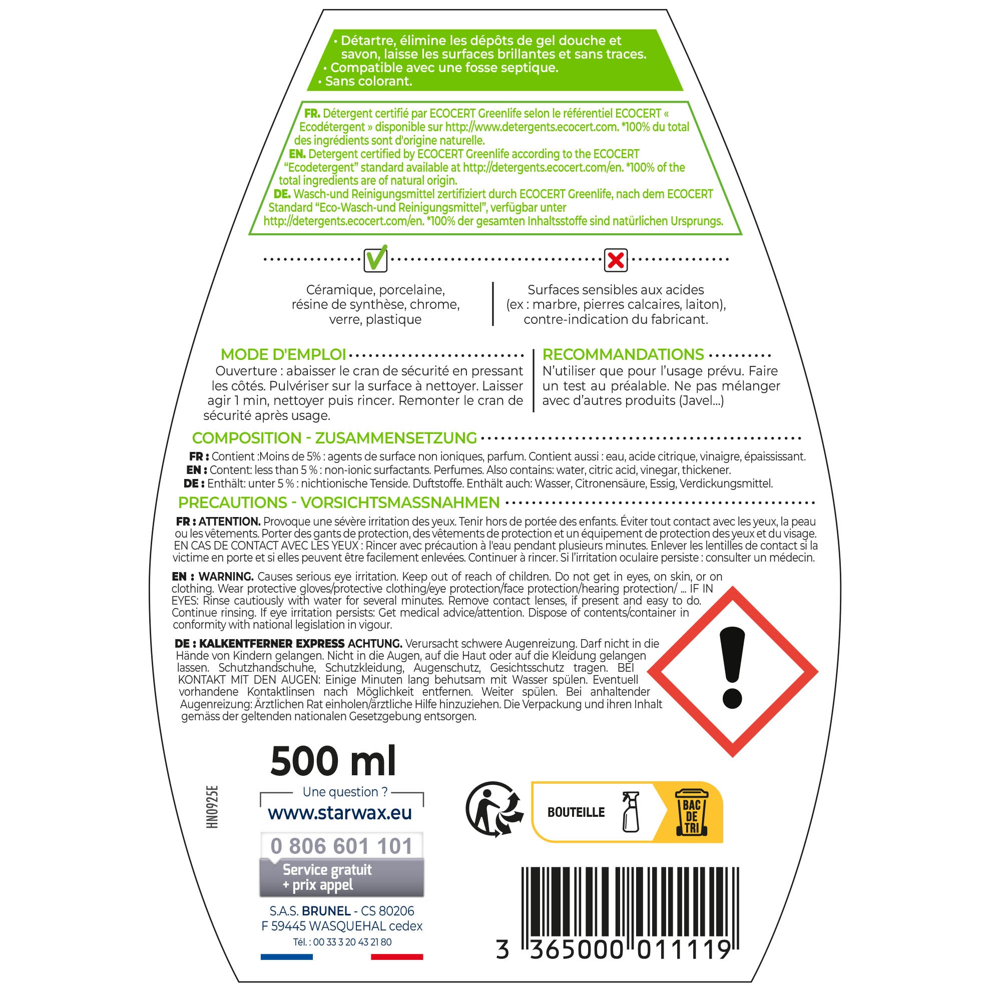 STARWAX SOLUVERT - Anti-calcaire express pour salle de bains 500ml