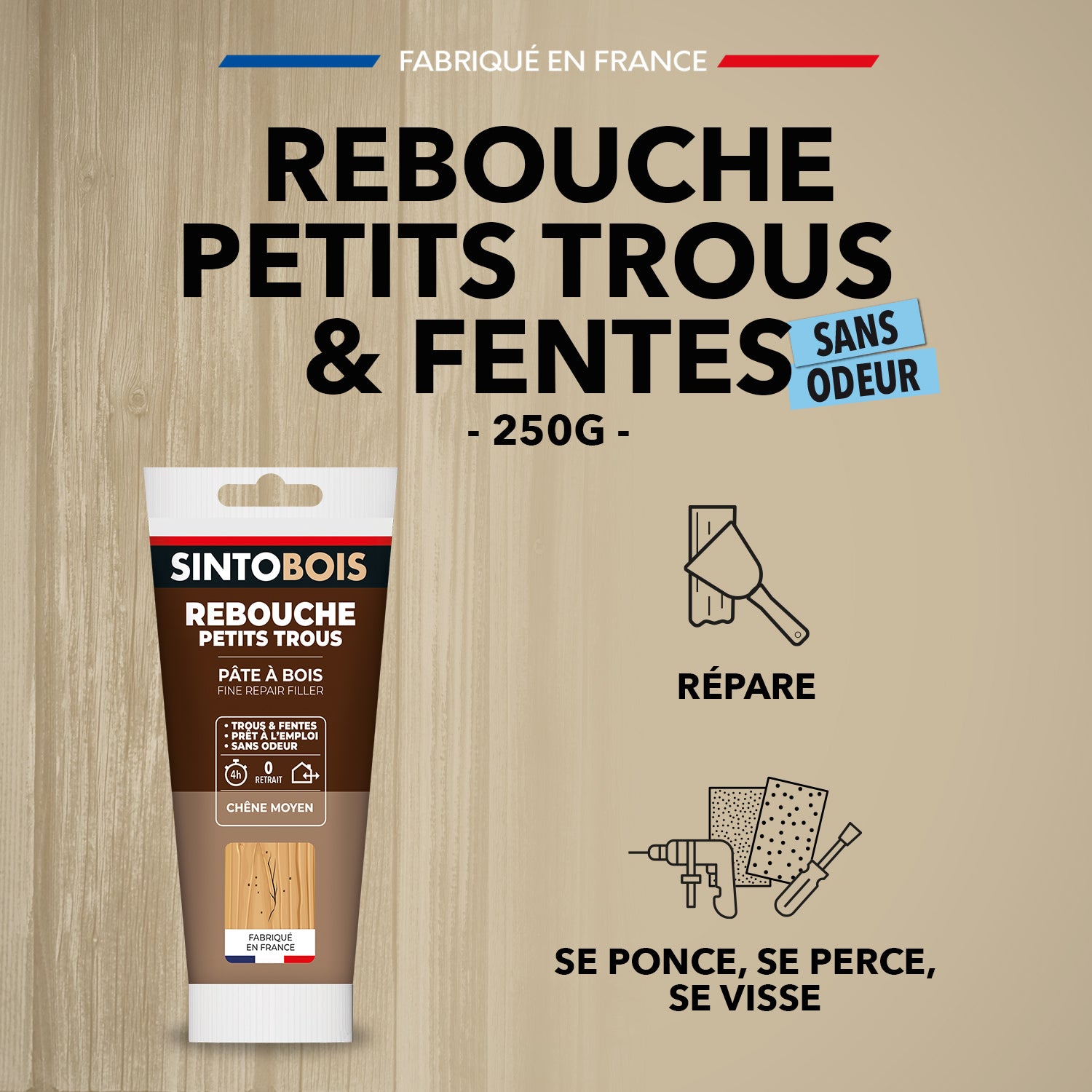 SINTO - Rebouche imperfections - Pâte à bois naturel 80g Blanc