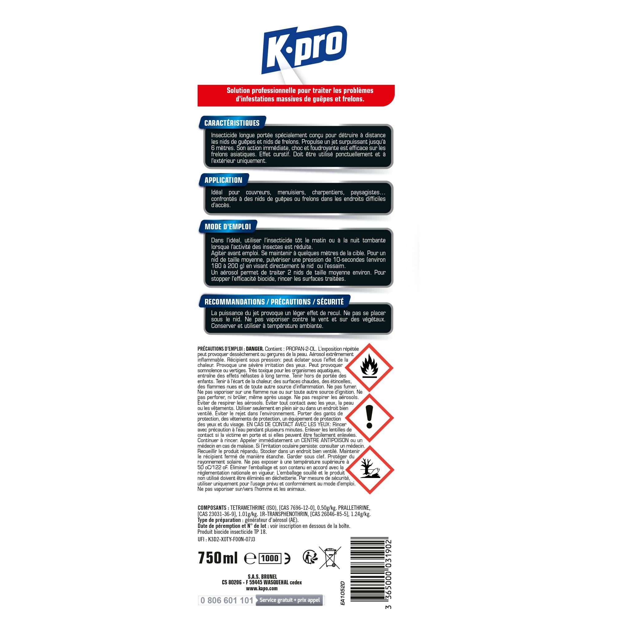 K.PRO PRO - Aérosol spécial nids de guêpes et frelons 750ml