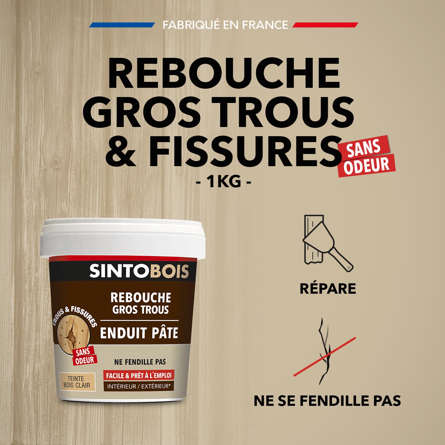 SINTO - Reboucher gros trous et fissures dans le bois clair 330g Bois clair