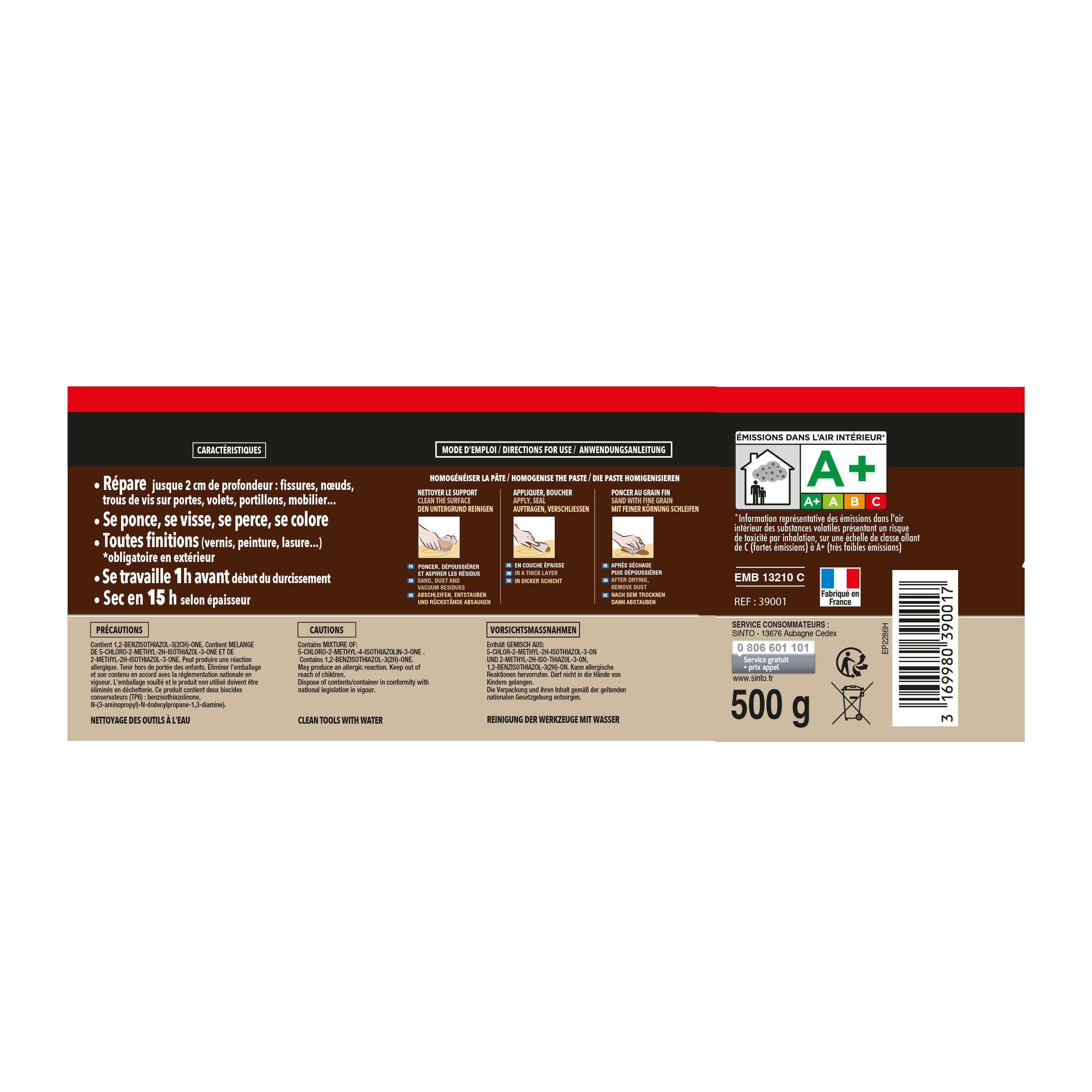 SINTO - Reboucher gros trous et fissures dans le bois clair 330g Bois clair