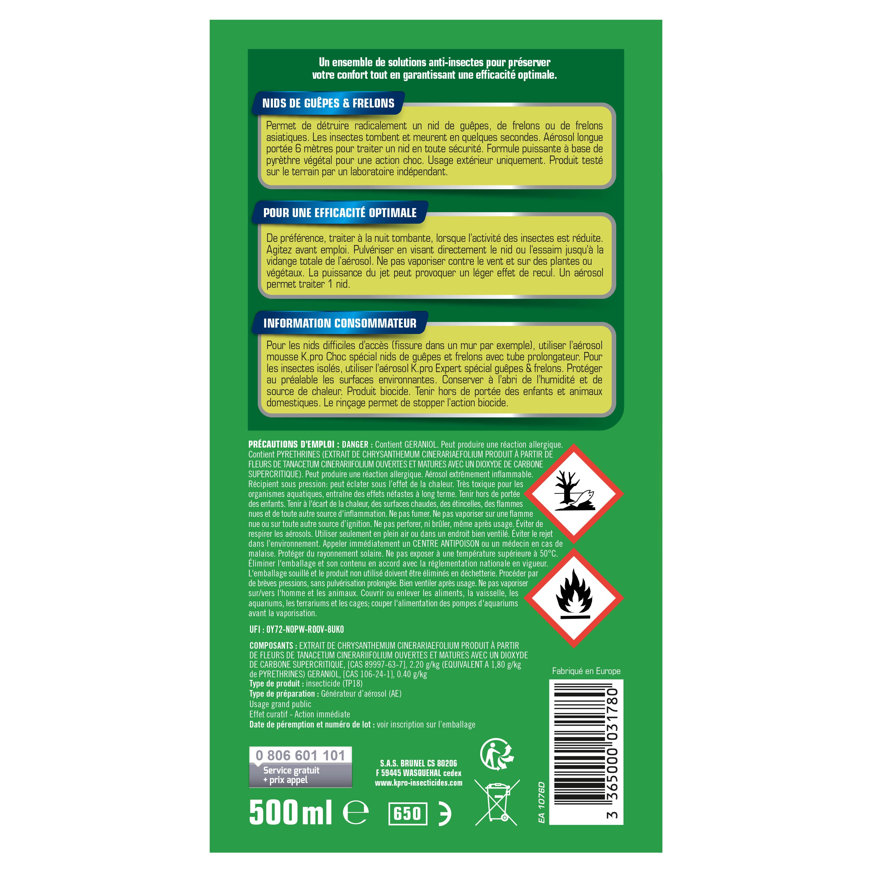 K.PRO - Aérosol foudroyant nids de guêpes et frelons 500ml