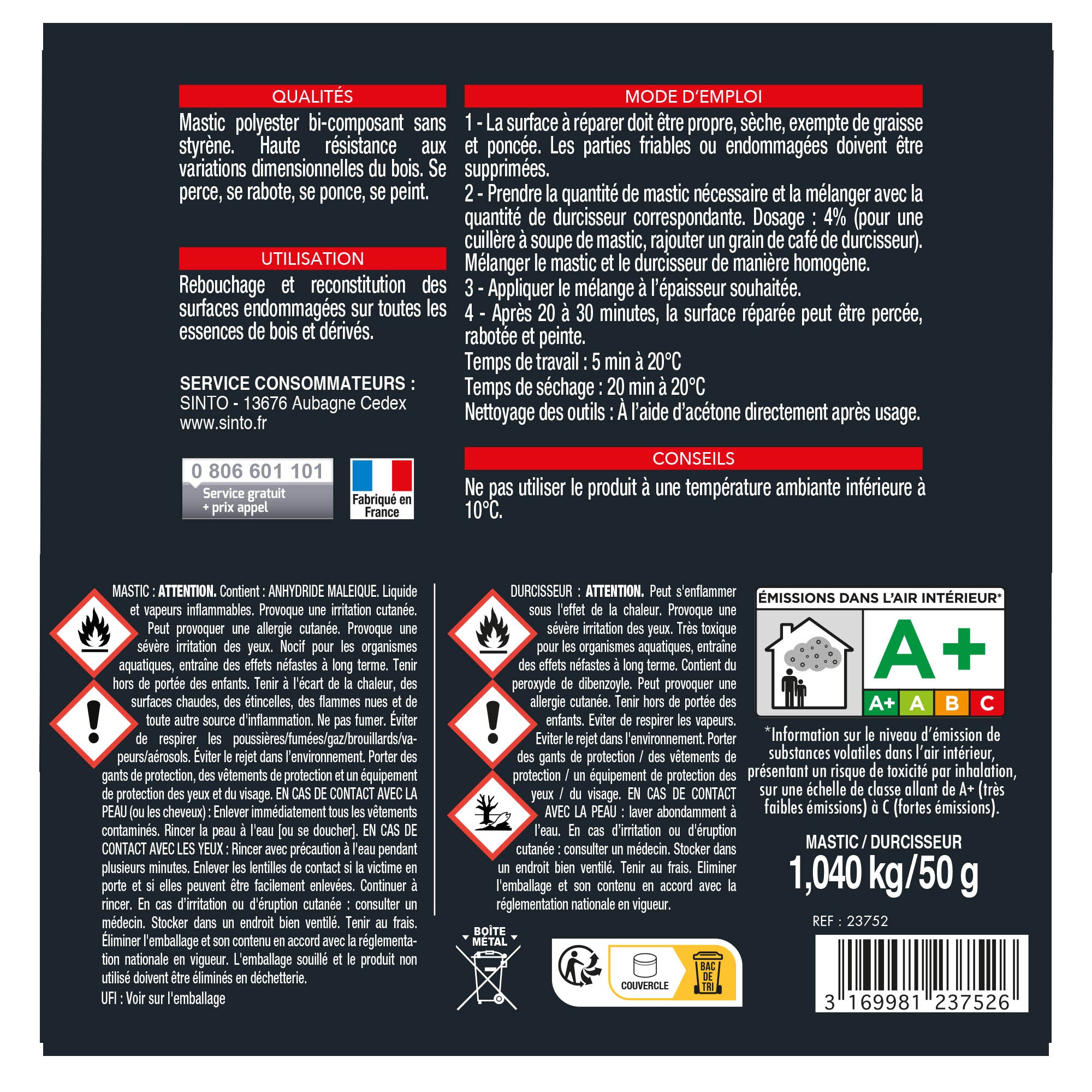 SINTO - Mastic bois standart 1,09kg Chêne