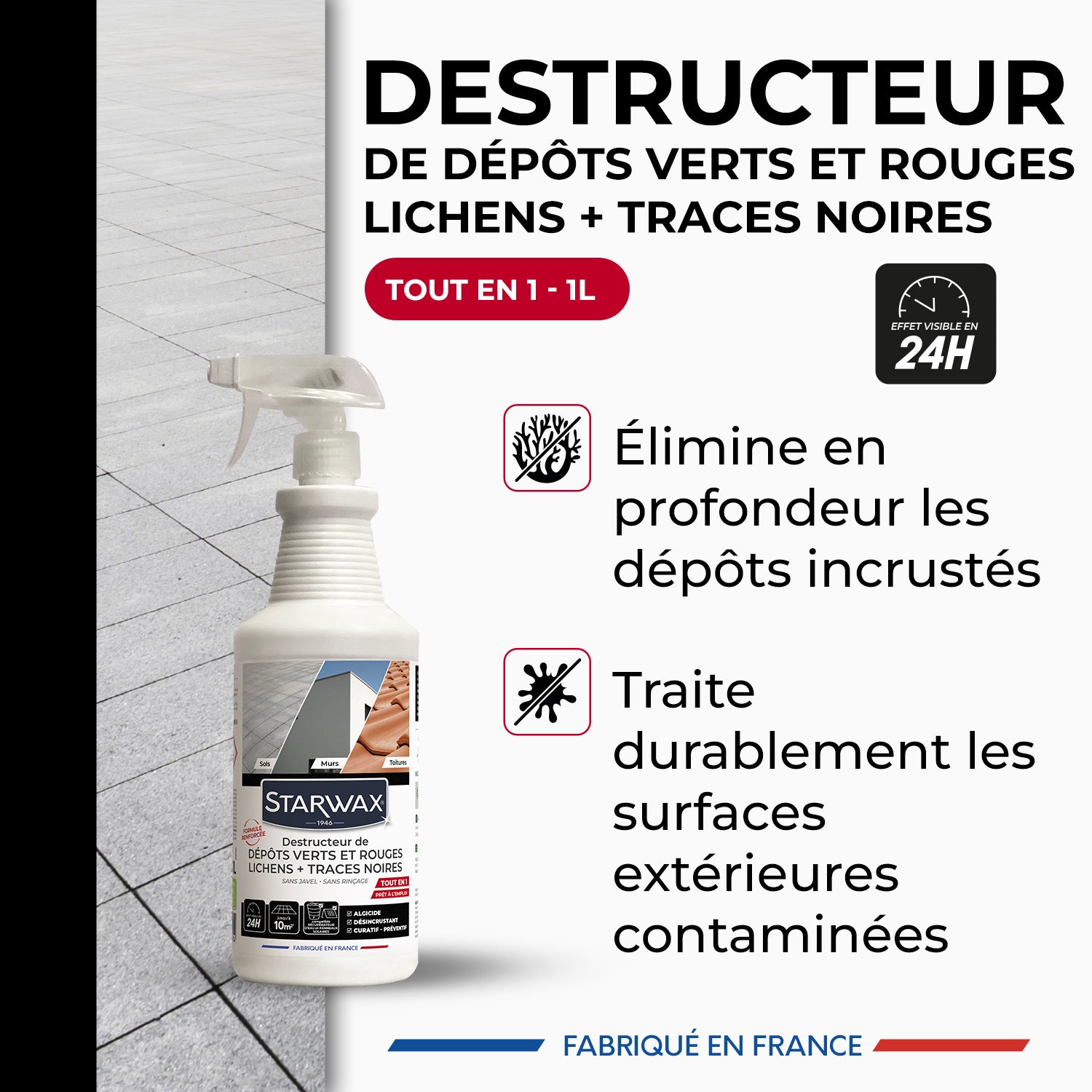 STARWAX - Destructeur de dépôts verts, rouges, lichens et traces noires prêt à l'emploi pour toitures, murs et sols extérieurs 1L