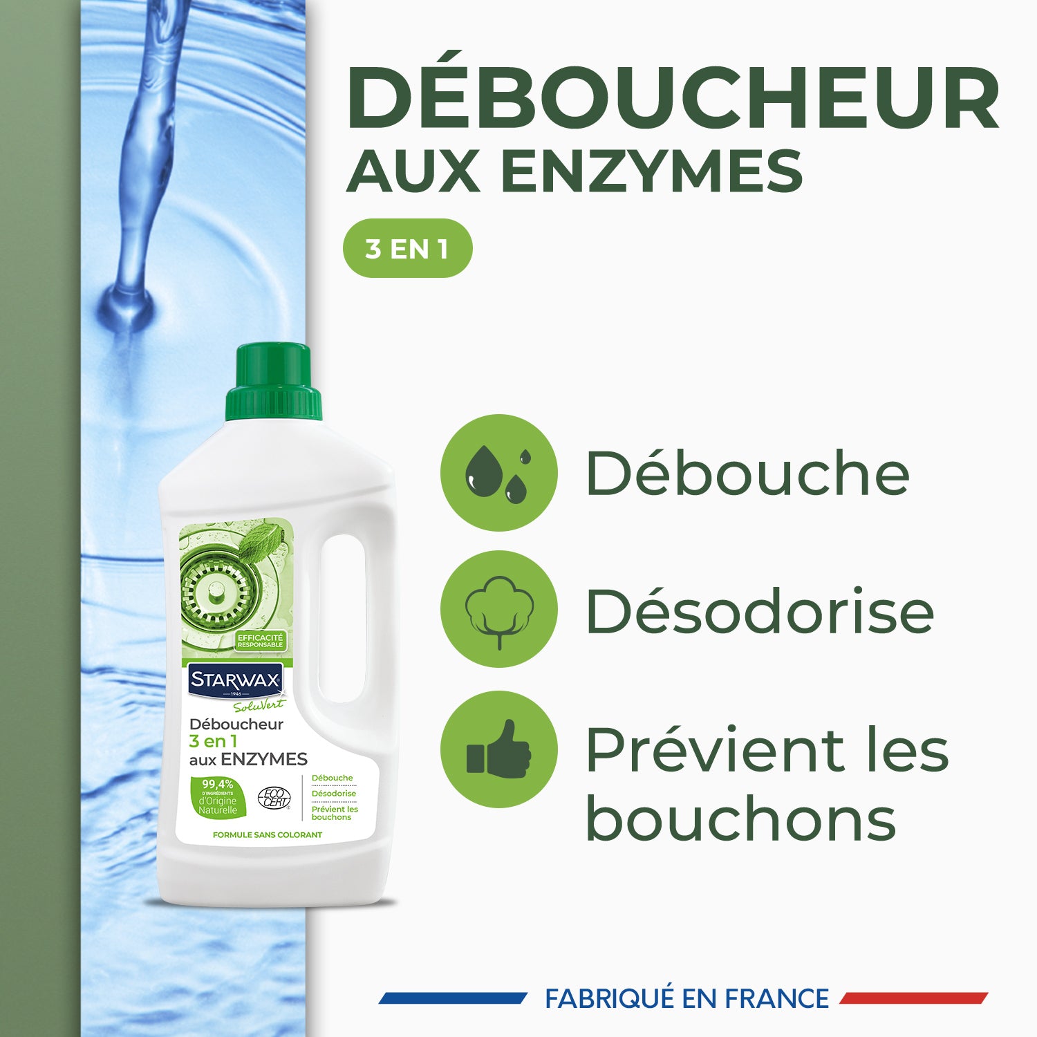 STARWAX SOLUVERT - Déboucheur 3 en 1 aux enzymes pour canalisations 950ml