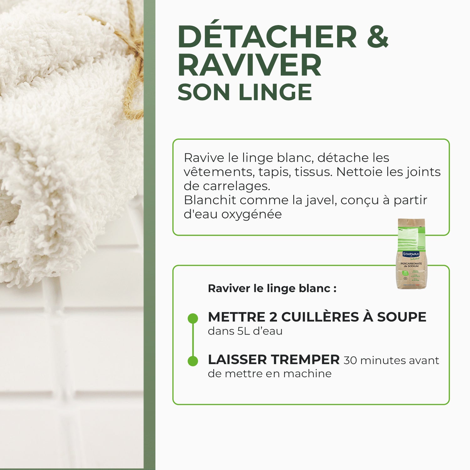 STARWAX SOLUVERT - Ma poudre détachante & raviveur de blancheur au percarbonate de soude – Sachet éco 1kg