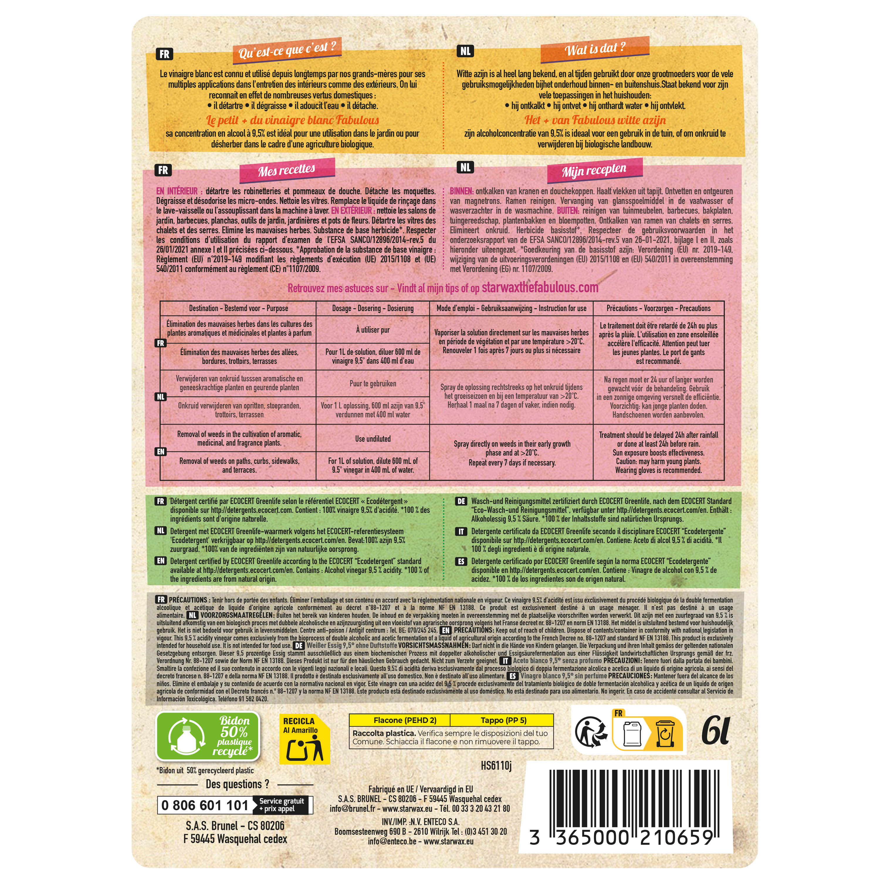 STARWAX FABULOUS - Vinaigre blanc 9.5° sans parfum 1L